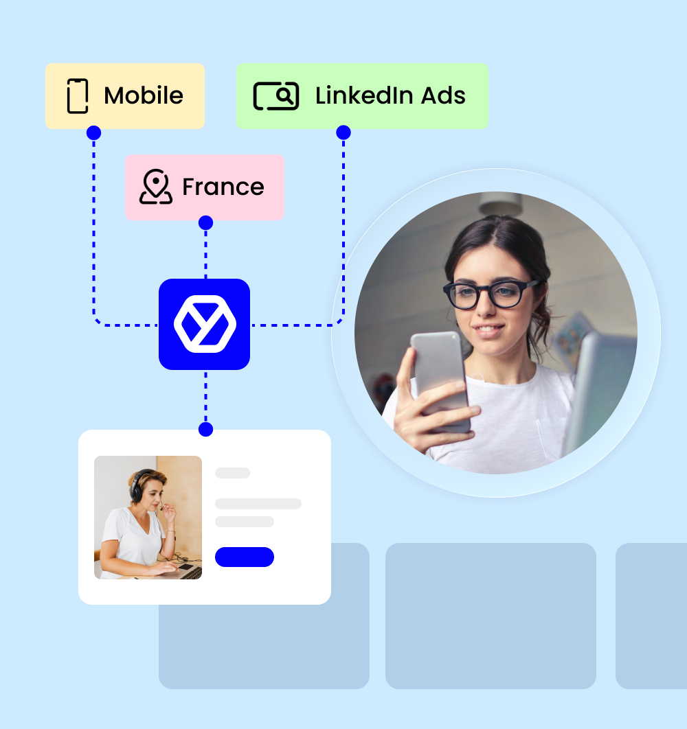 Une femme consulte son smartphone. On peut voir qu'elle accède au site via une pub LinkedIn et qu'elle se trouve en France. On va donc afficher sur le site une popin avec un message adapté.