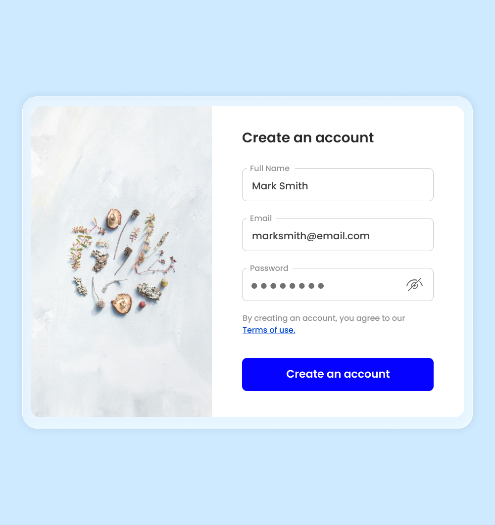 An account creation form with fields for first and last name, email address and password.