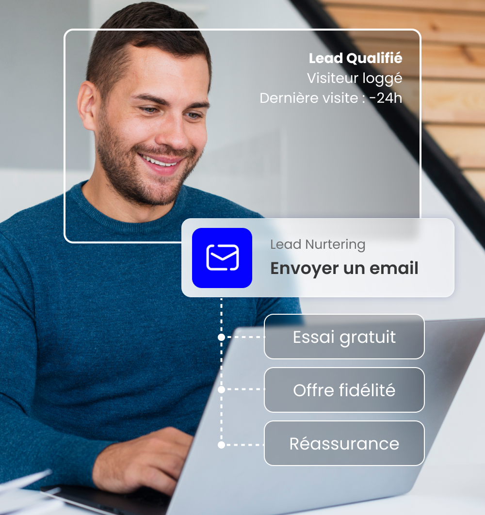 Un homme utilise un ordinateur portable. Il a complété un formulaire, on va donc pouvoir lui envoyer par email des offres personnalisées comme un essai gratuit, une offre fidélité ou des éléments de réassurance.