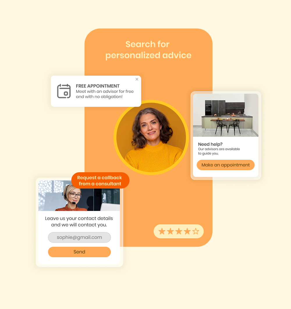 A customer needs personalized advice online. The website adapts to offer her telephone appointments with an advisor.