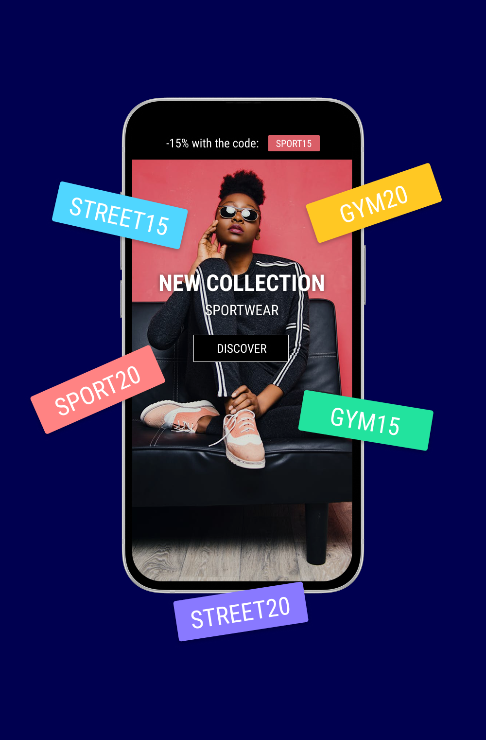 We see a smartphone displaying the home page of a retail website. A header bar shows a personalized promo code, and we see other unique codes available.