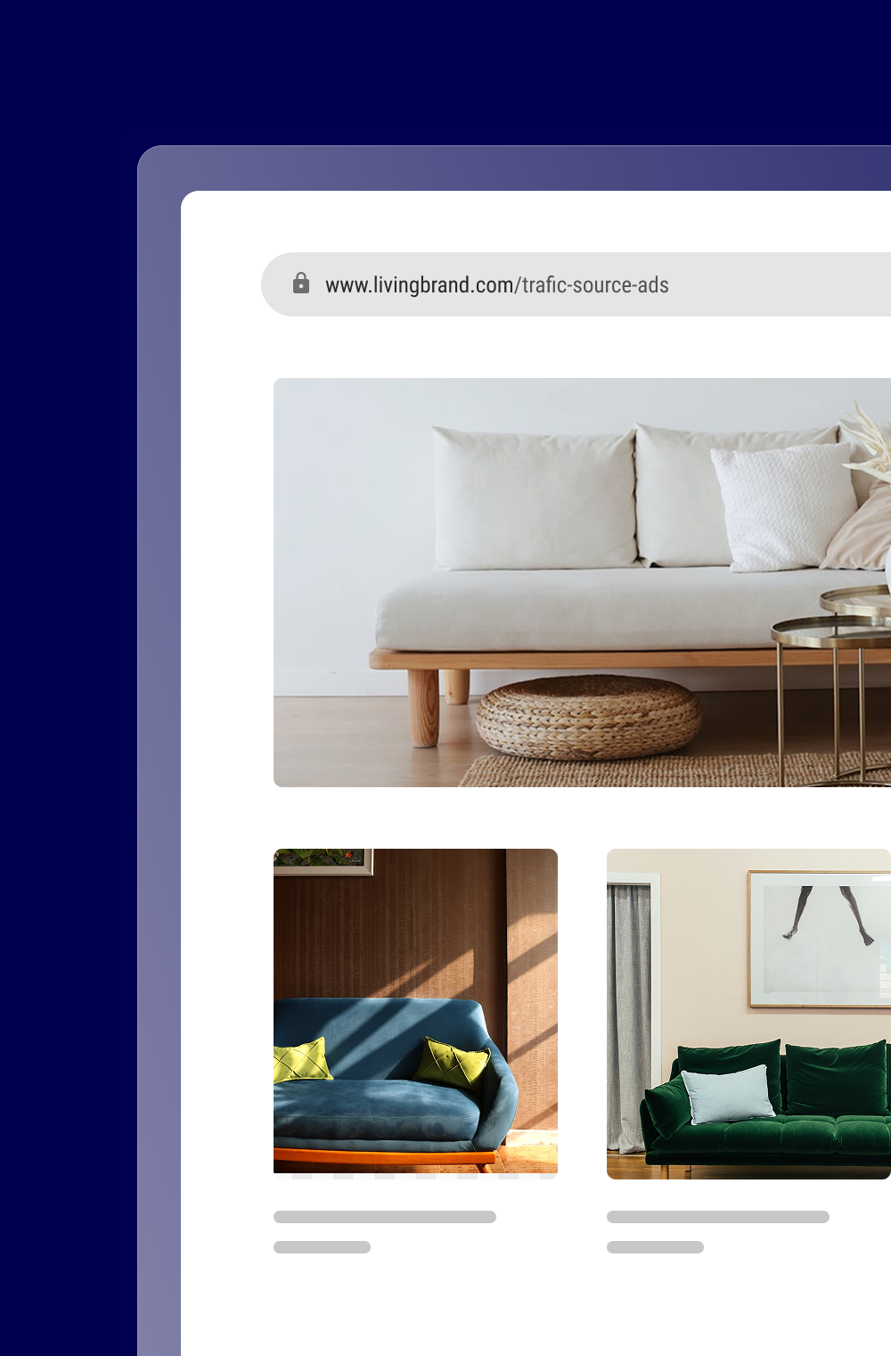 A landing page for a furniture sales website, where you can see personalized content based on the traffic source (in this case, ads).