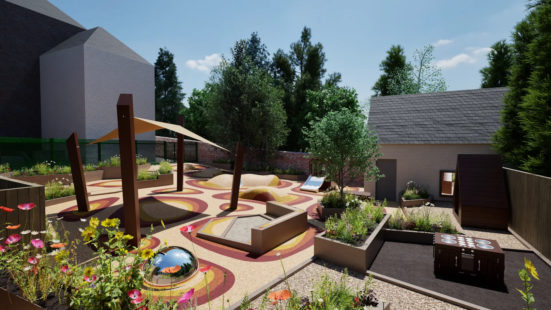 Outdoor playground with colorful circular patterns, climbing structures, sandpit, garden beds, and a small slide, surrounded by trees and buildings.