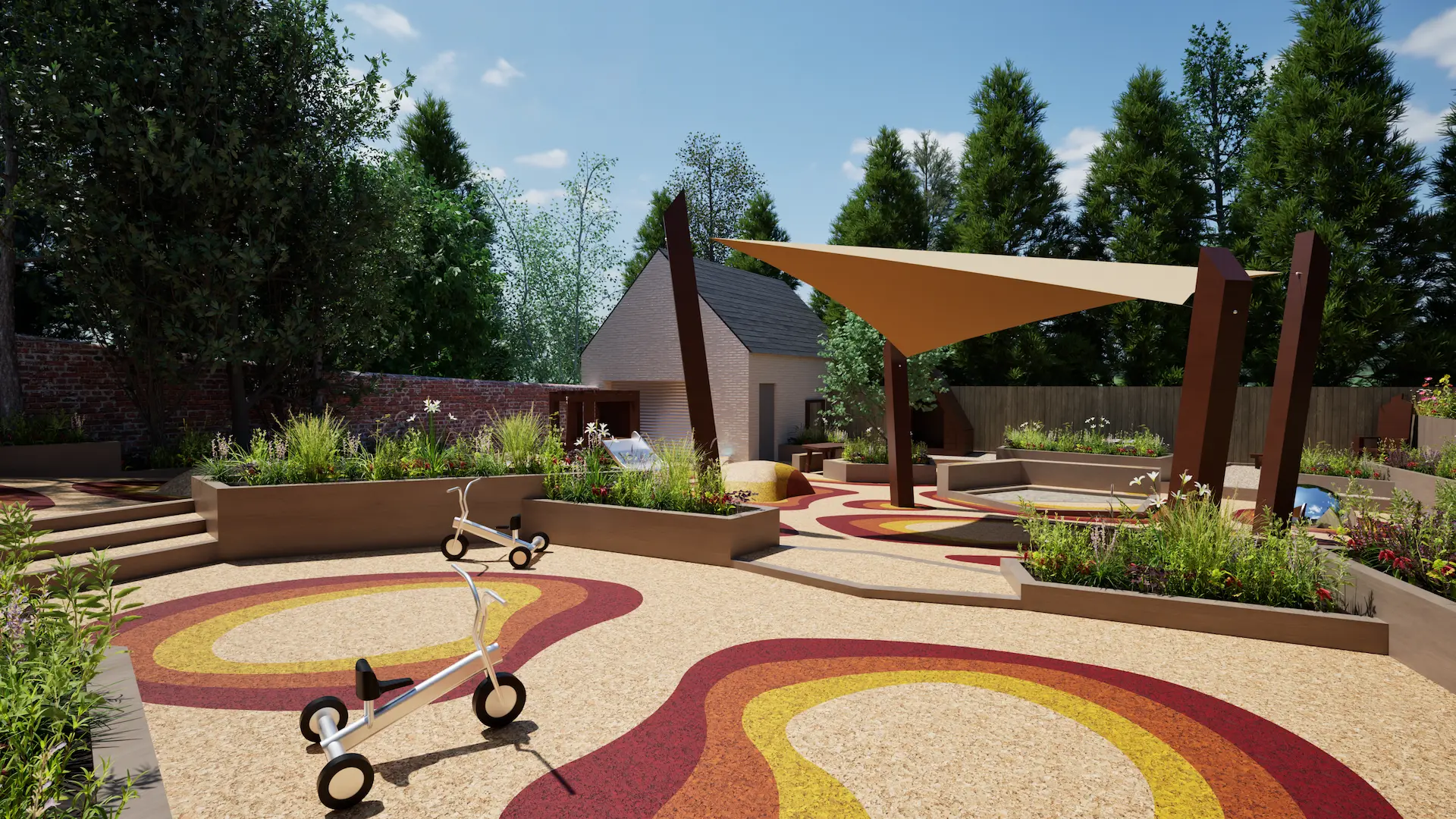 Modern outdoor playground with tricycles, colorful patterned ground, raised flower beds, a sunshade canopy, and a small building surrounded by trees.