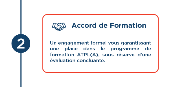 Step 2 with handshake icon labeled Training Agreement and text stating a formal commitment guaranteeing a place in the ATPL(A) training program pending successful evaluation.