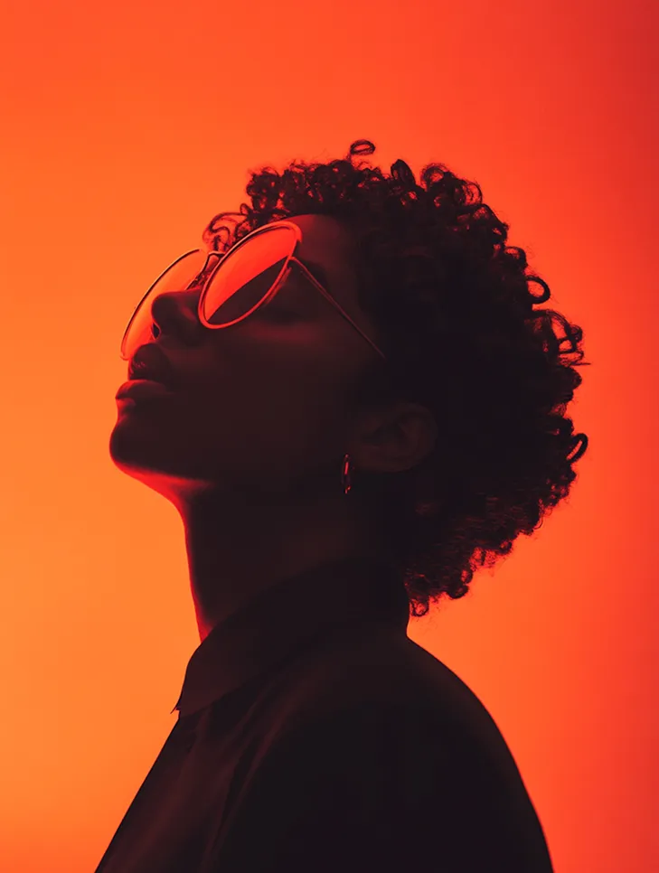 Profile of a man wearing a red puffer jacket with a large, fluffy red fur collar against a plain background.