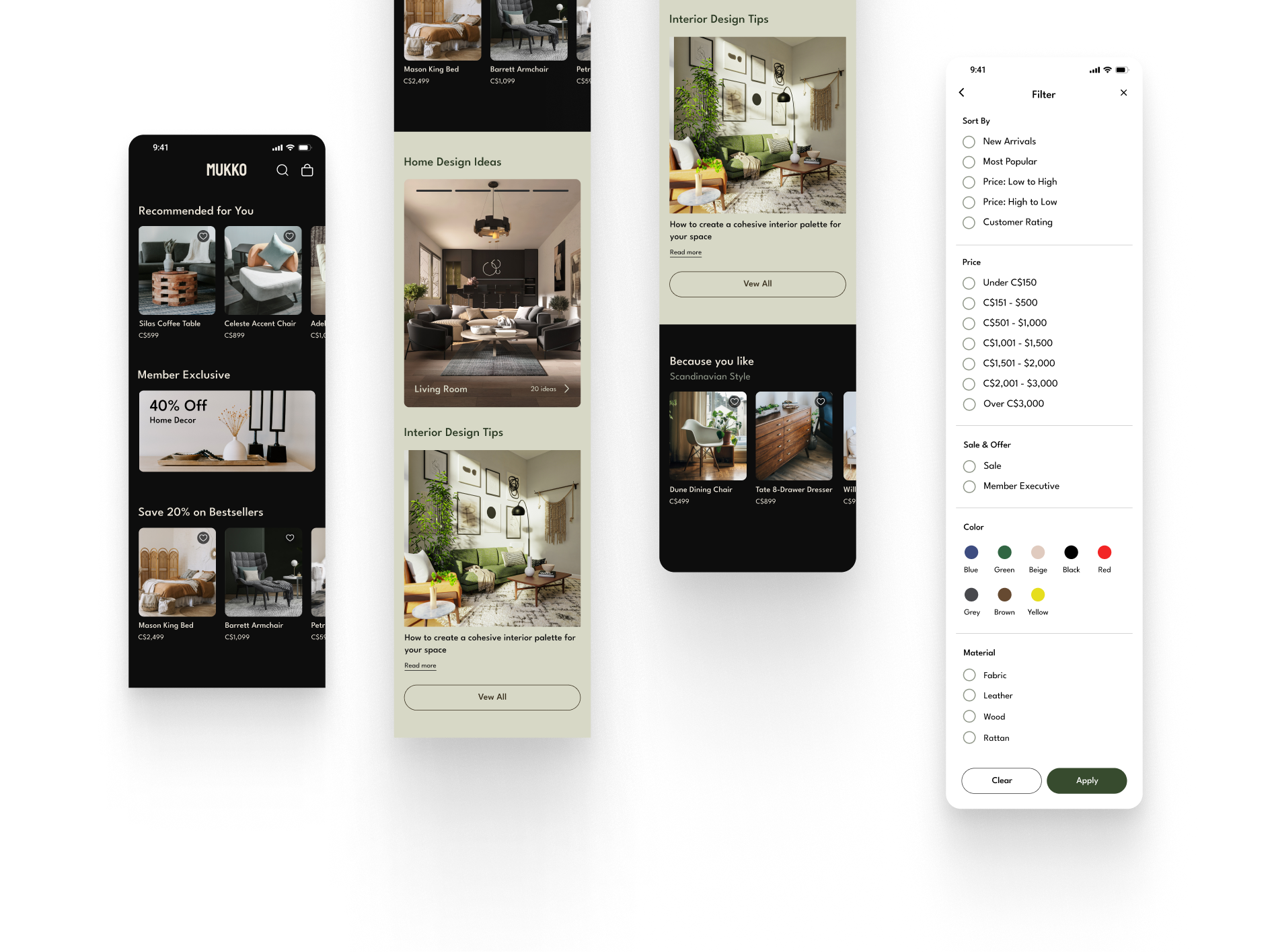 Mukko's Dark Mode and Filter Screens