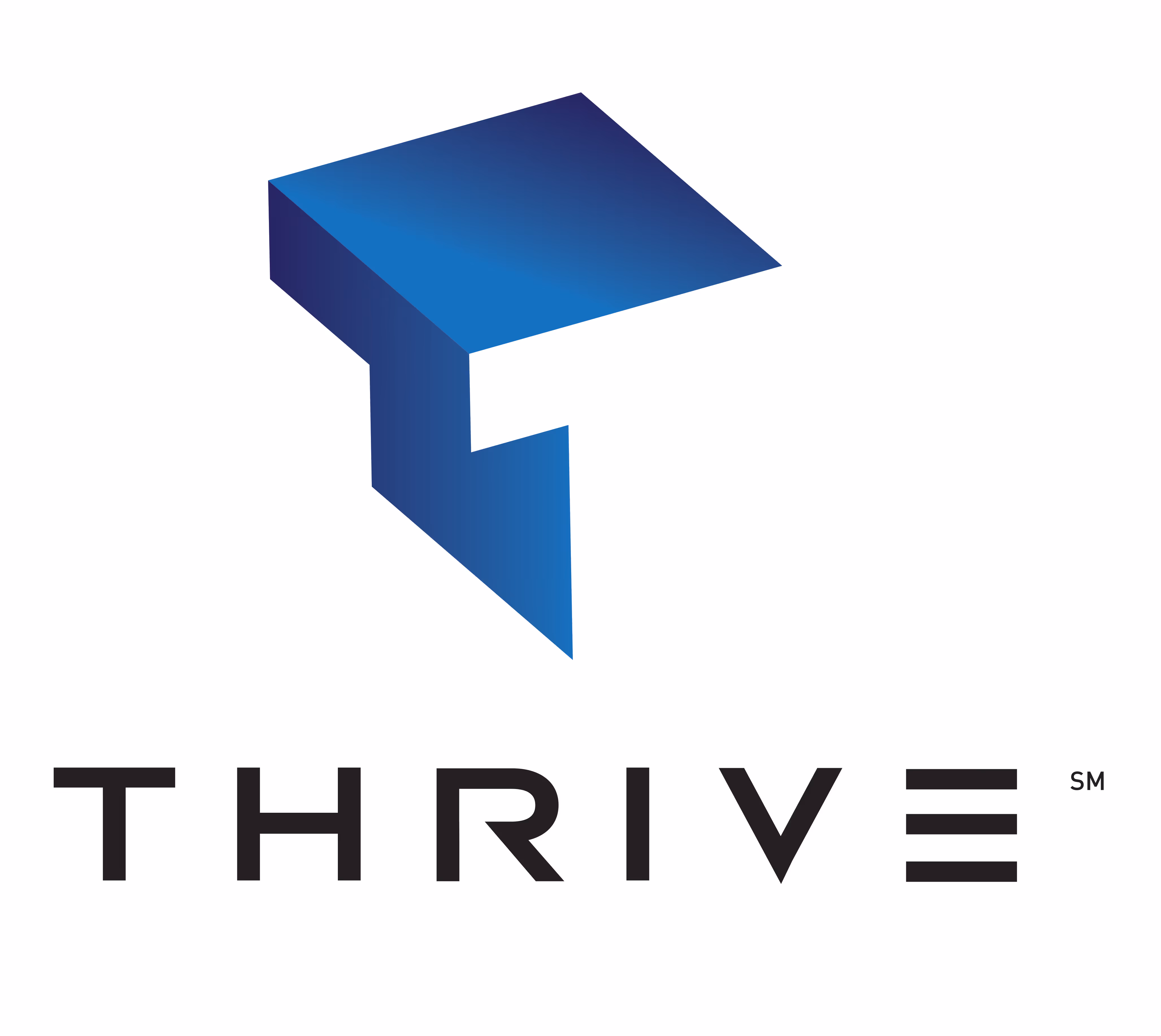 Thrive company logo with blue geometric abstract T above the word THRIVE in black capital letters.