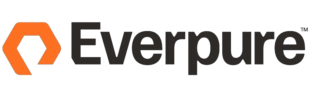 Pure Storage company logo with orange geometric shape and black text.