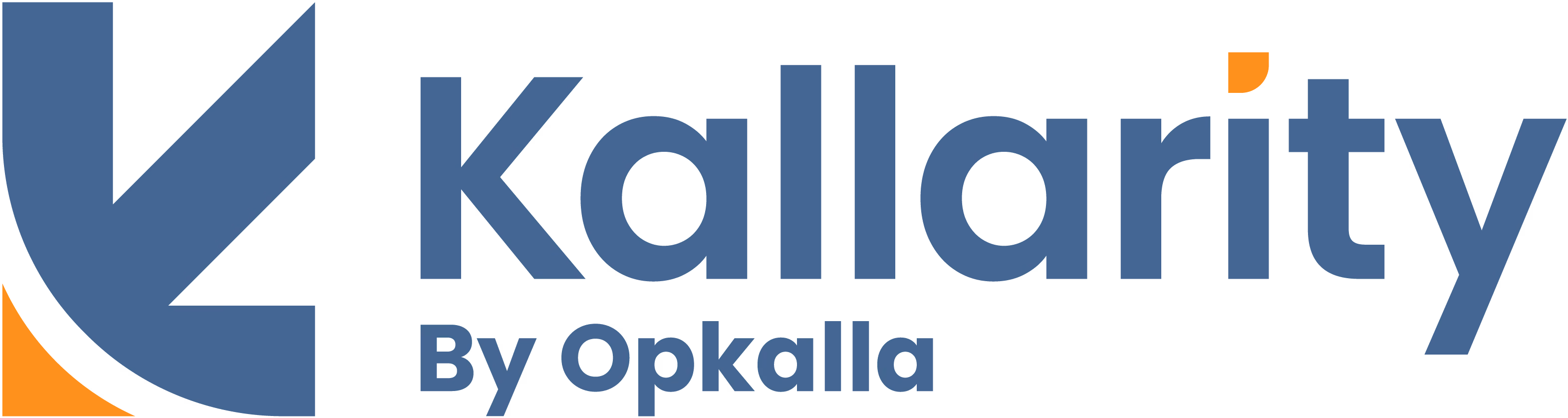 Kallarity logo in soft white with stylized K logomark and orange accents.