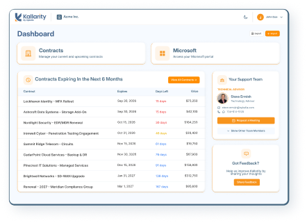 Dashboard interface of Kallarity with sections for managing contracts and Microsoft portal access, listing contracts expiring in the next 6 months with expiry dates, days left, and values, a support team contact for Steve Ernish, and a feedback prompt.