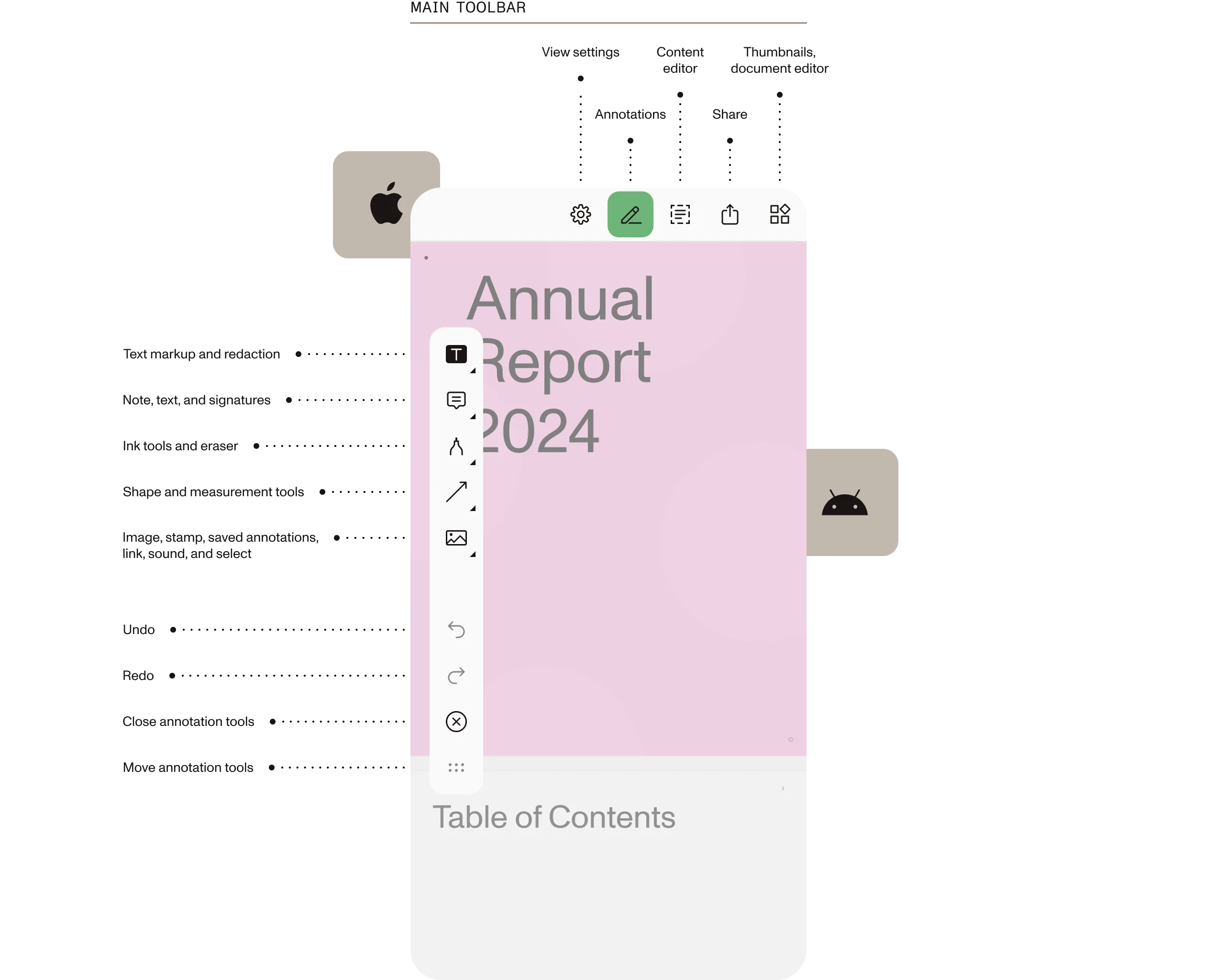 Nutrient iOS SDK and Nutrient Android SDK shown in action on a mobile display with tools labeled with their functionality.