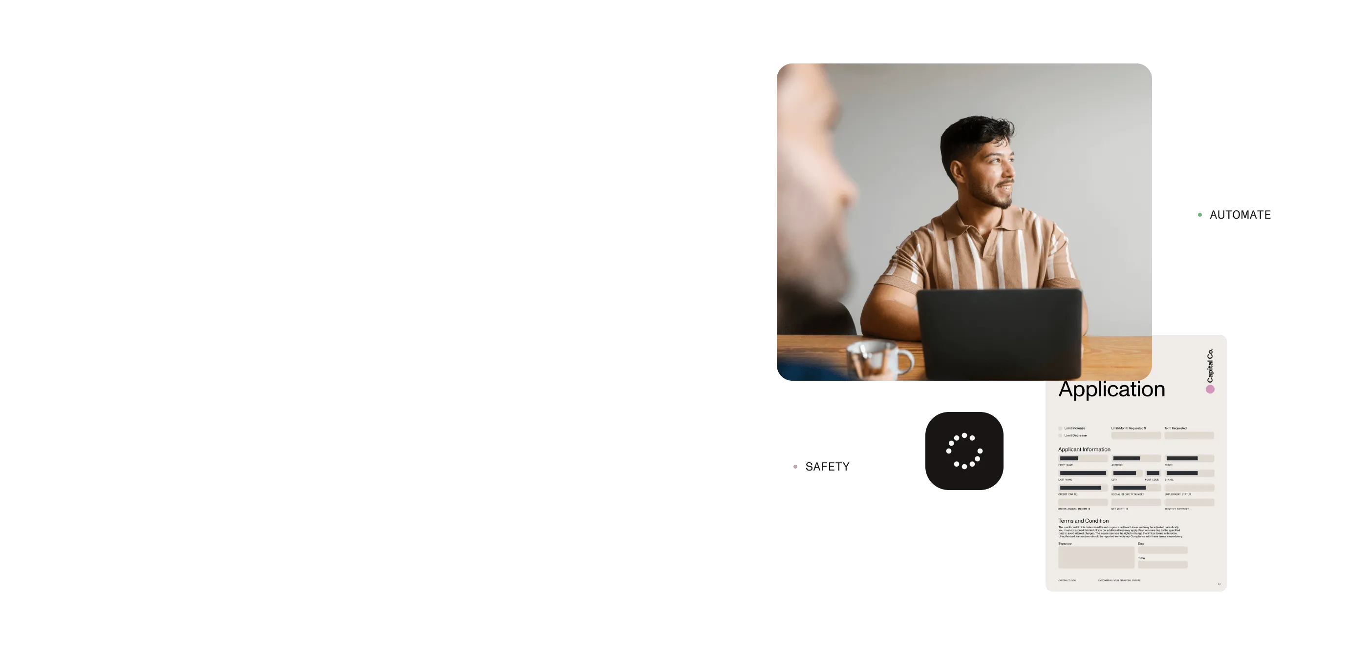 Lifestyle image of person smiling at laptop with labels of "safety" and "automate" depicting Nutrient Low-Code solutions.