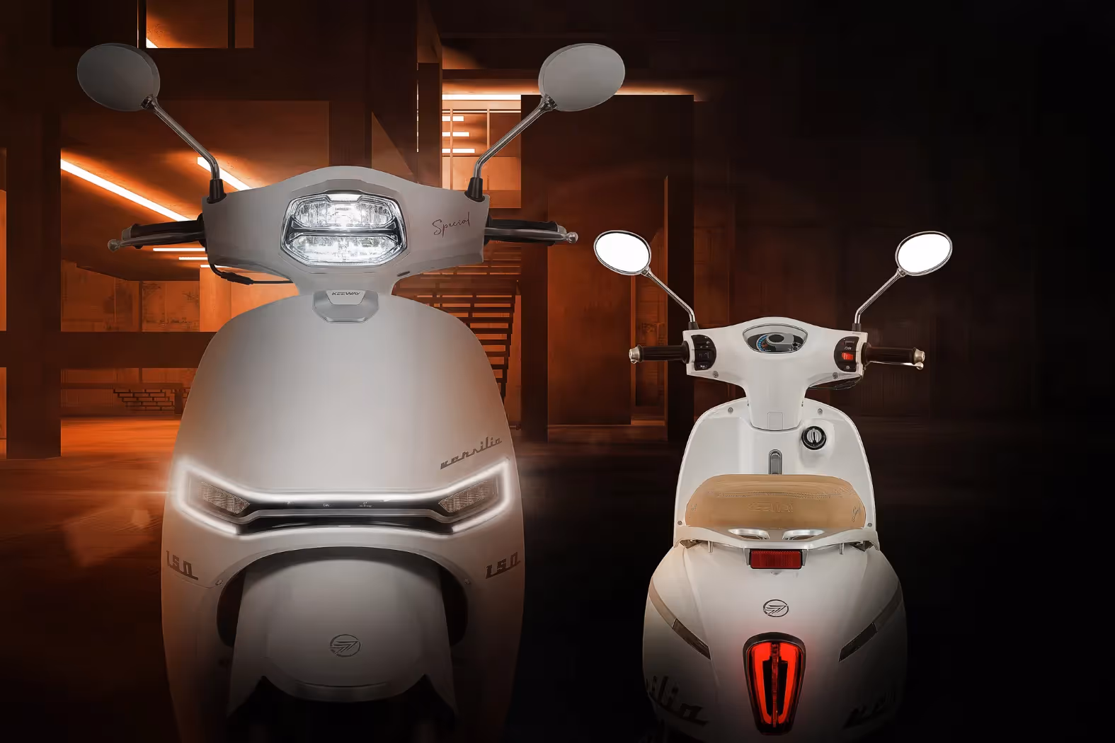 Two Keeway Versillia 150 motorcycles from Keeway America USA are shining in the night.