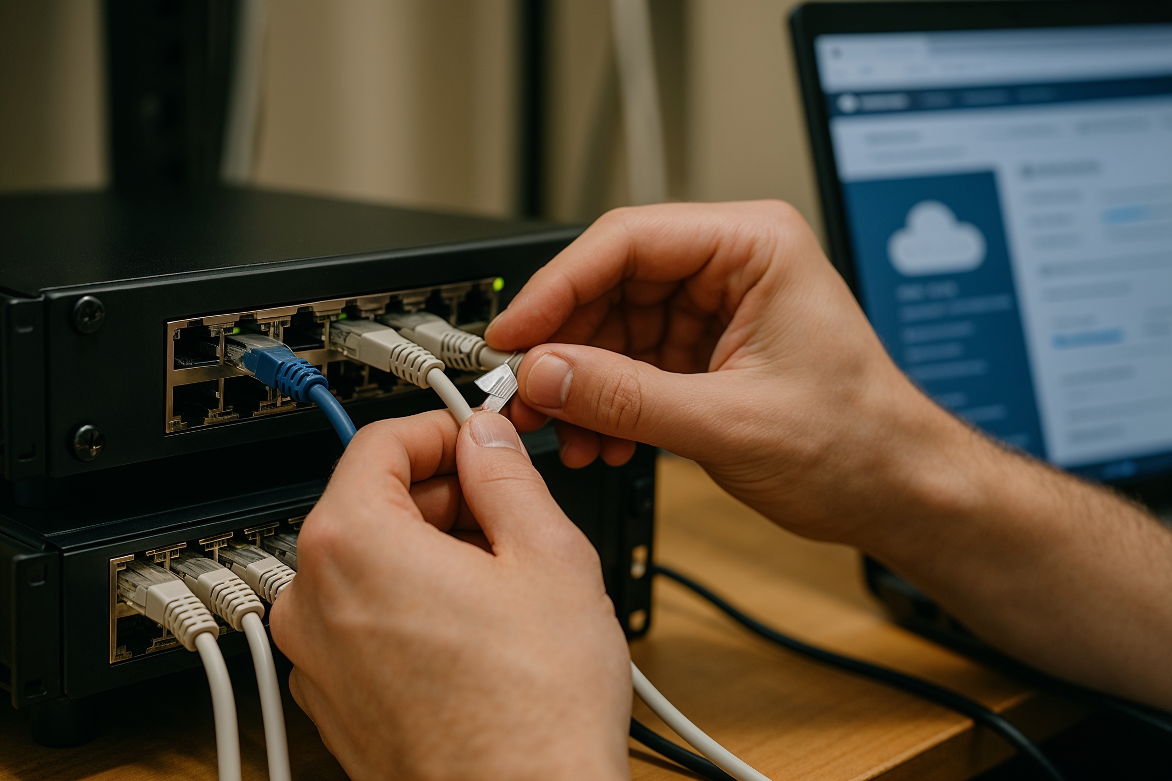 IT Career Transitions & “No Experience” Entry — hands patching cables in a small network rack to represent beginner-friendly, job-ready skills