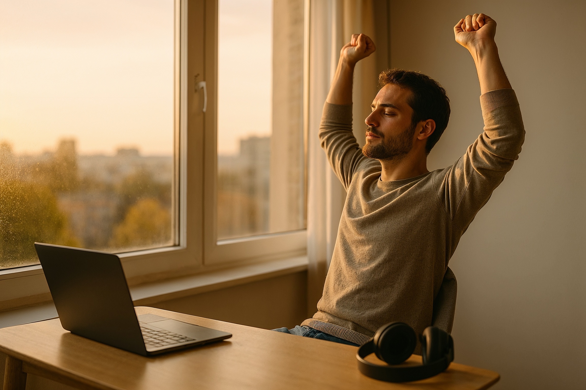Work‑Life, Remote Roles & Personal Growth in IT — a professional taking a mindful break near a window with a closed laptop