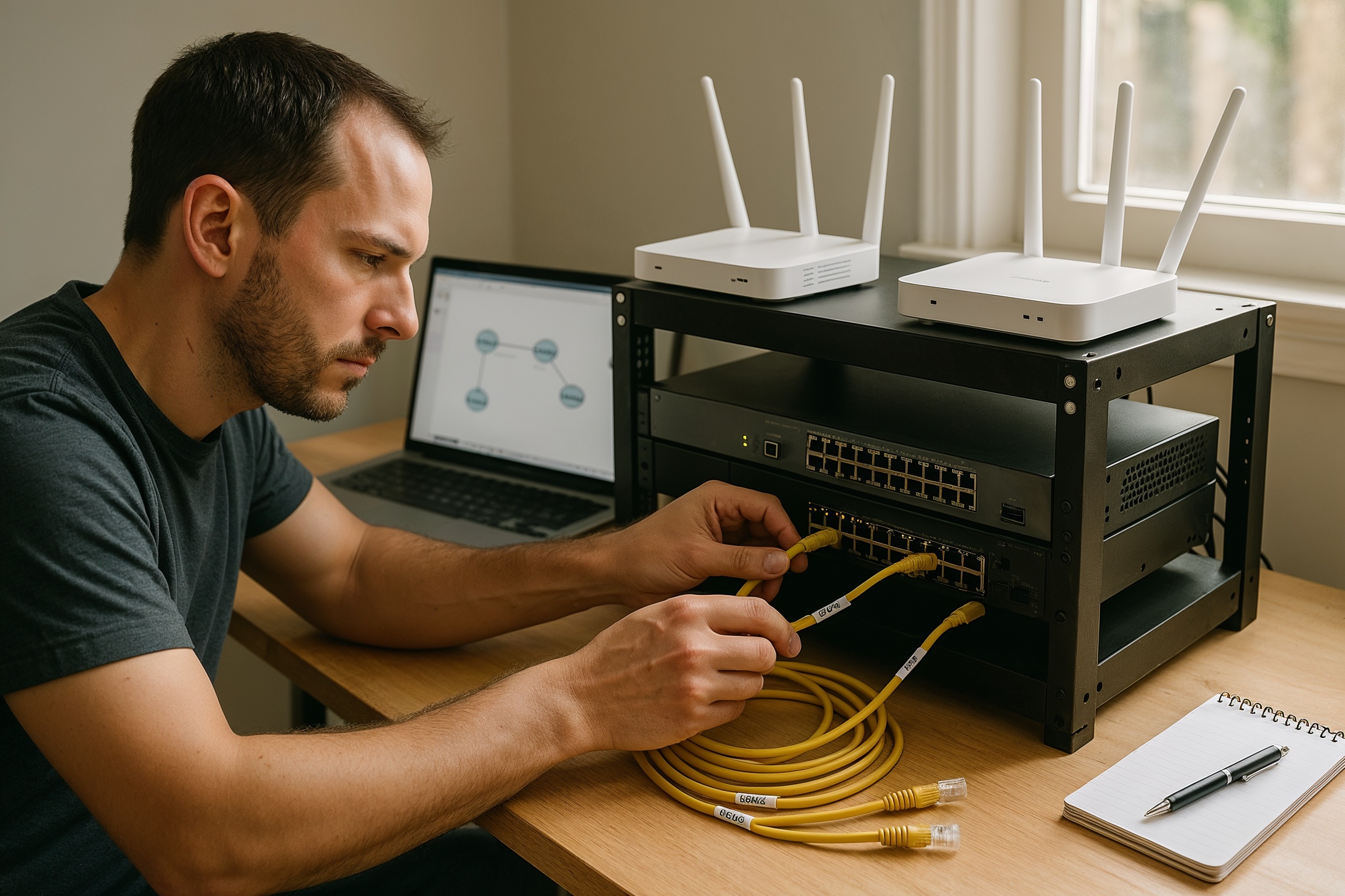 IT Career Transitions & “No Experience” Entry: adult learner building a home networking lab with routers, switch, and laptop