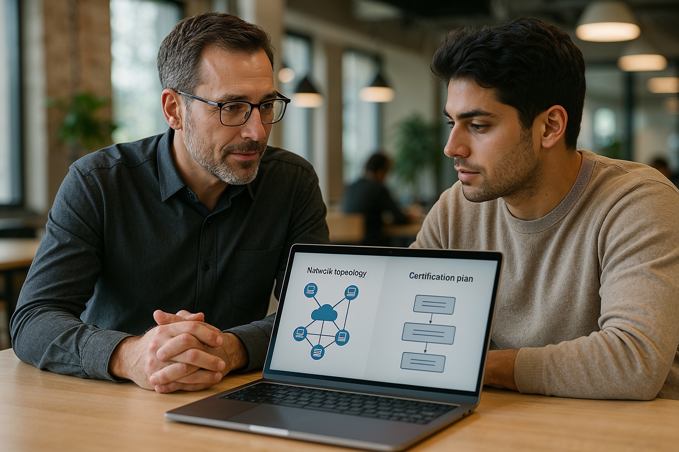 IT Career Transitions & “No Experience” Entry: mentor and career changer reviewing certifications and portfolio in a modern workspace
