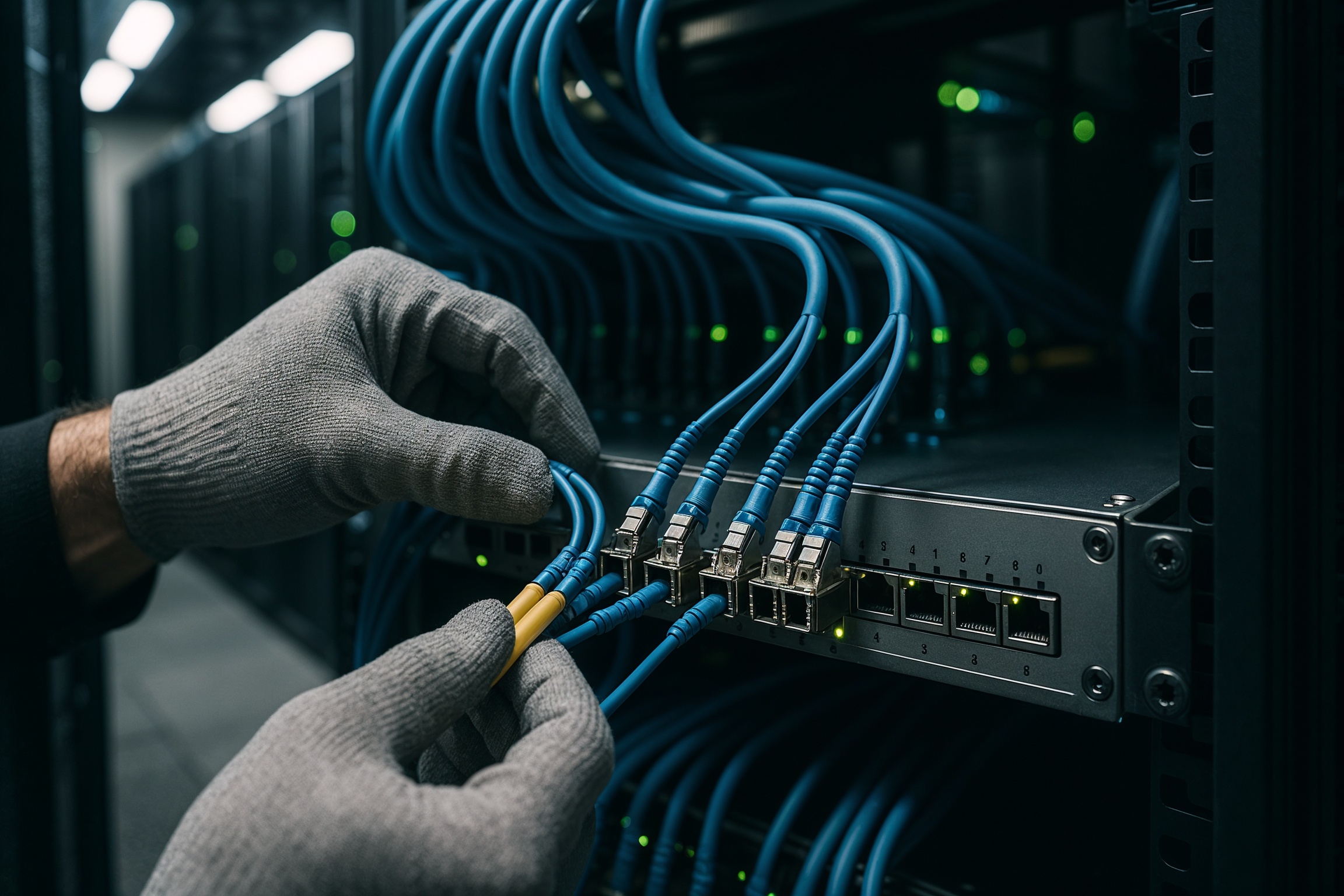 Success Stories & Student Journeys: hands-on lab configuring switches and fiber cabling in a server room