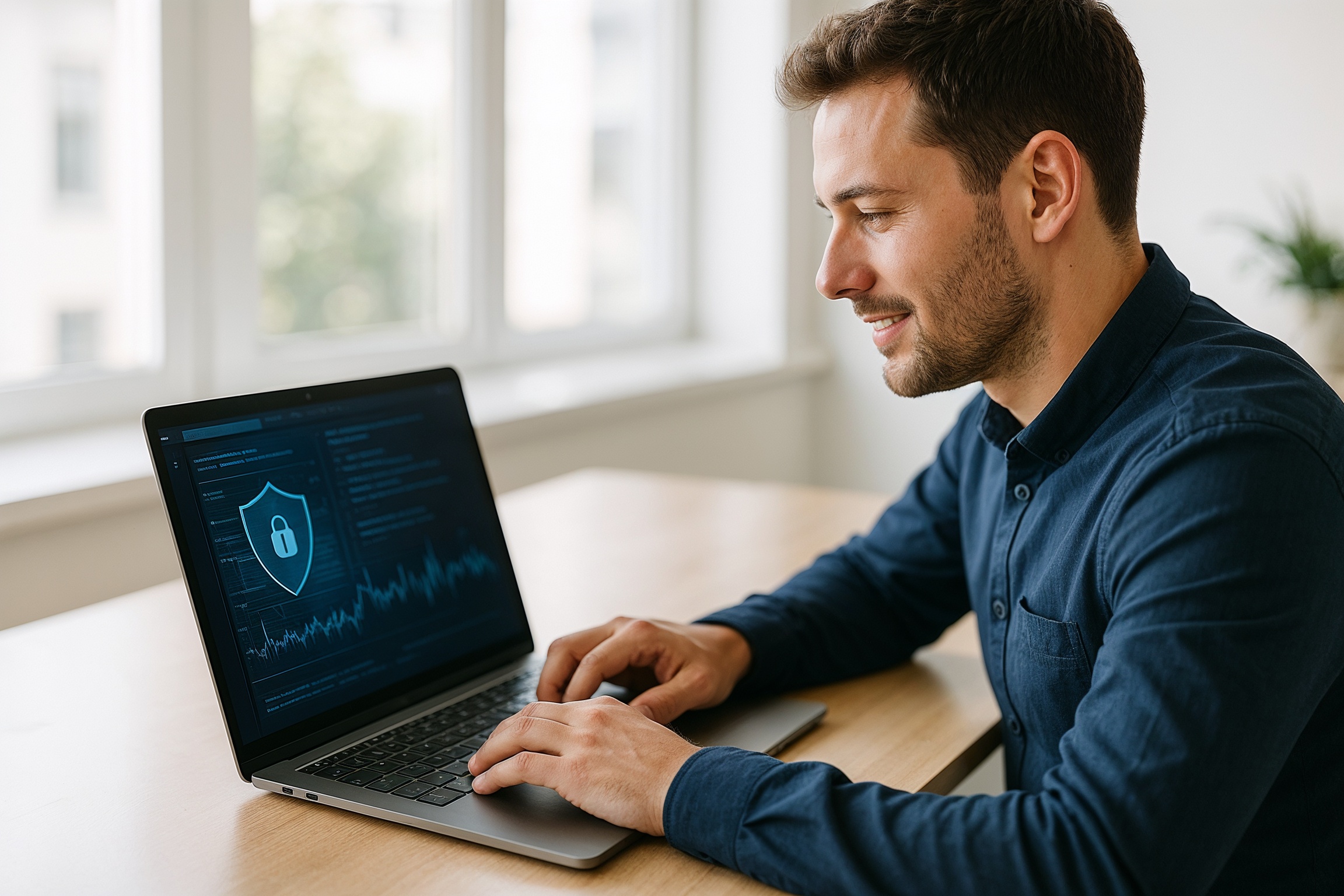 Real‑World Networking & Cybersecurity Concepts illustrated by network traffic analysis in a bright modern office