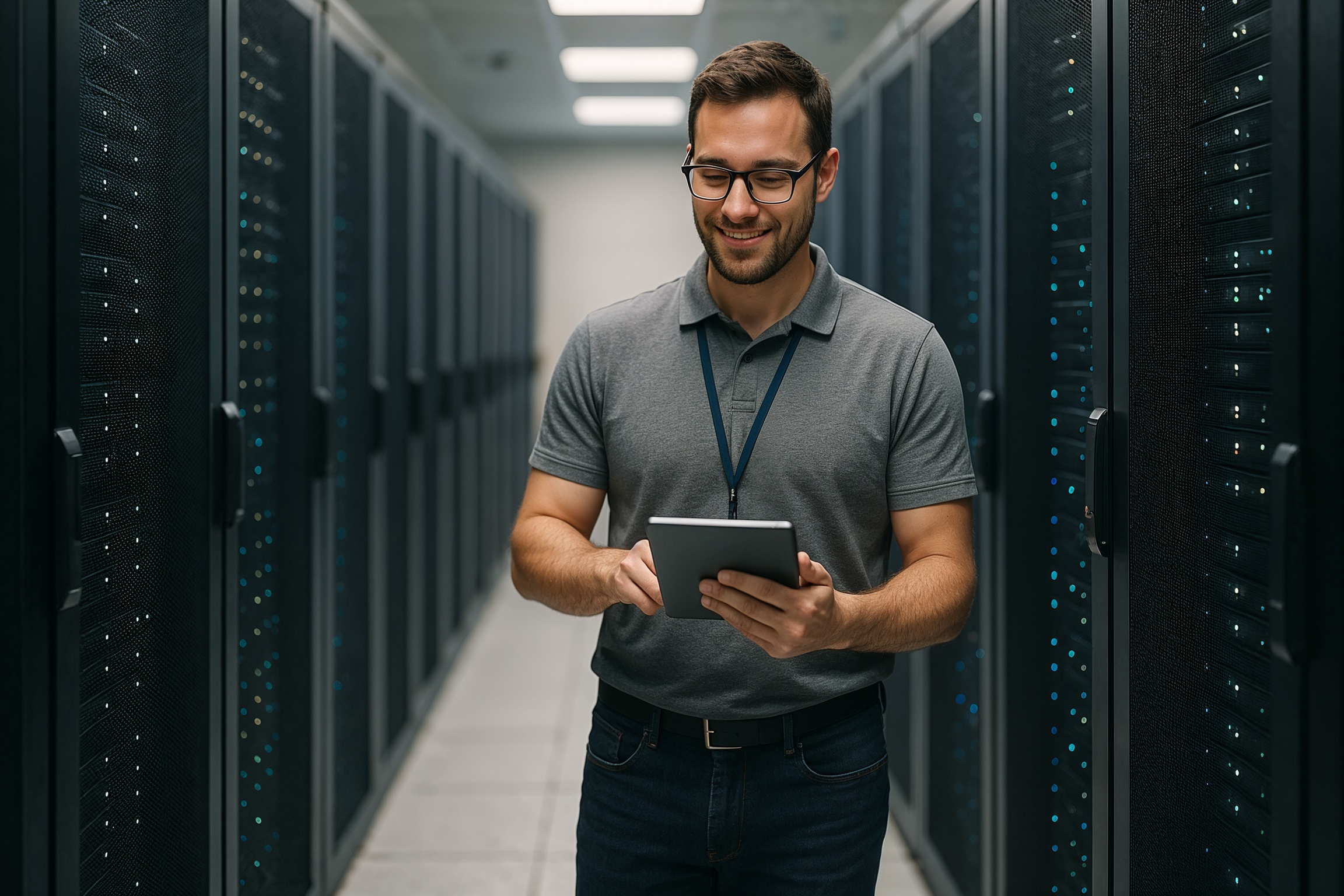 Program / Provider Updates & Education Business: technician auditing cloud infrastructure in a data center