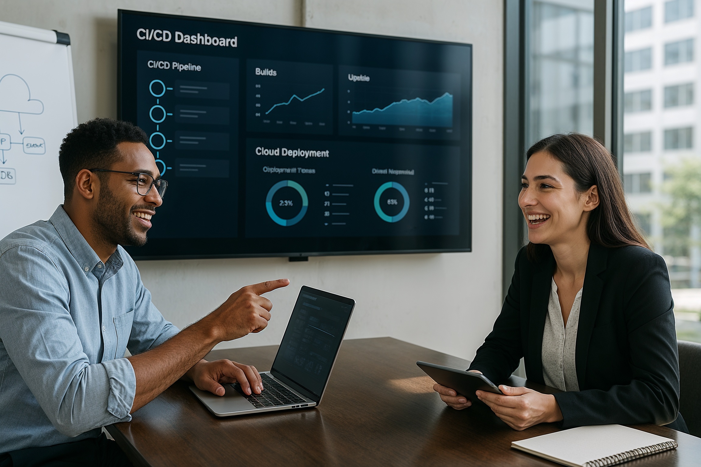 Landing & Advancing Your IT Job: collaborative review of CI/CD deployment metrics in a modern office