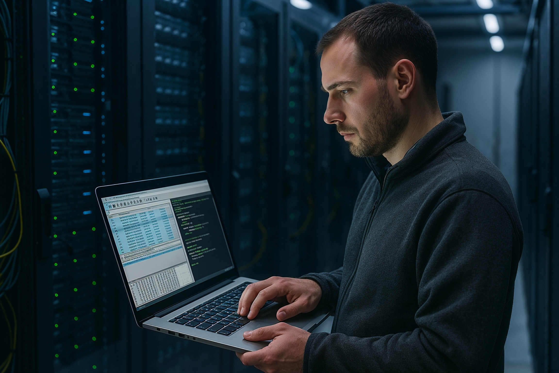 Common network protocols every engineer should know depicted through an engineer analyzing Wireshark traffic and Python automation scripts on a laptop in a server room
