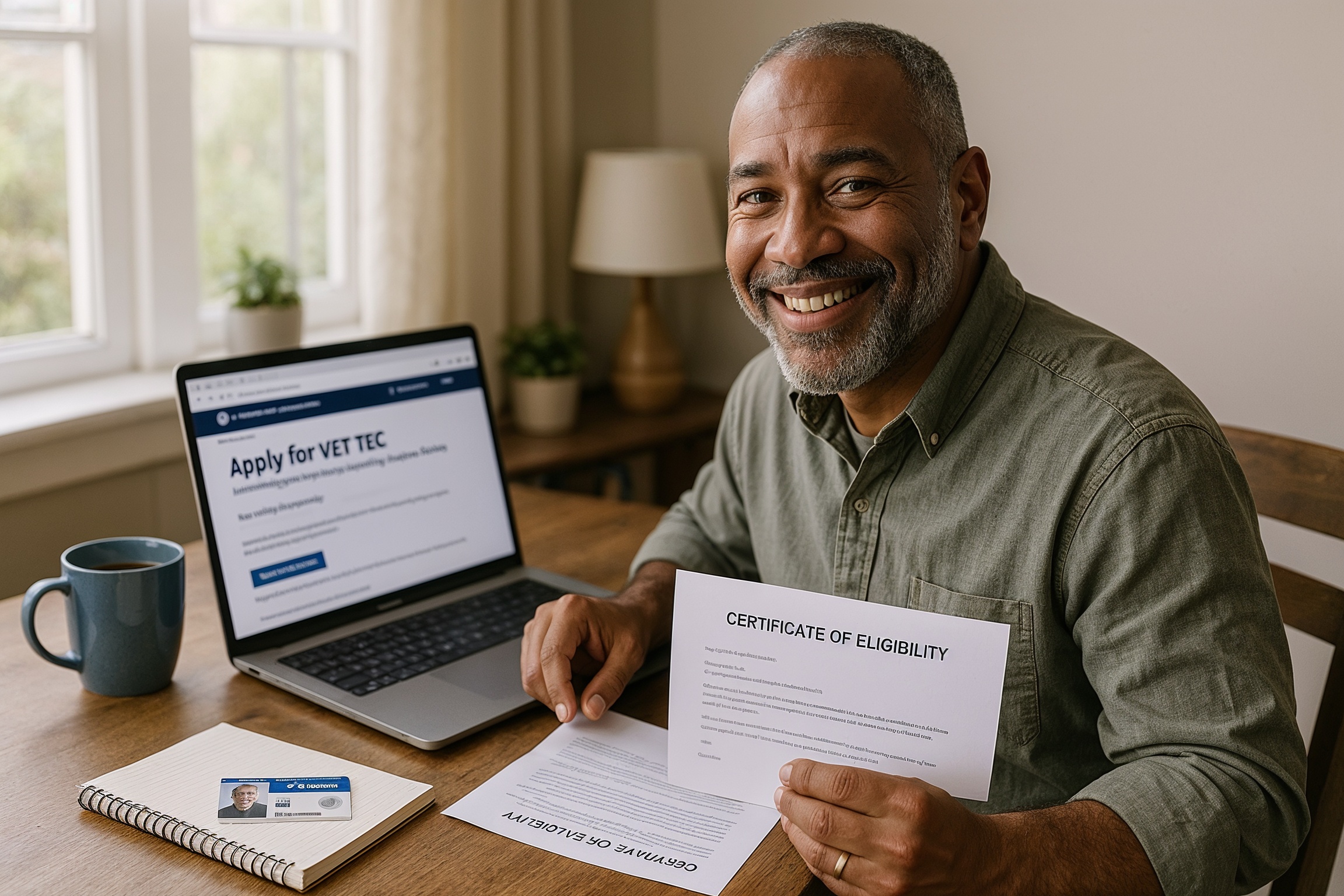 military veteran friendly IT training programs VET TEC application preparation at home office with laptop and GI Bill documents