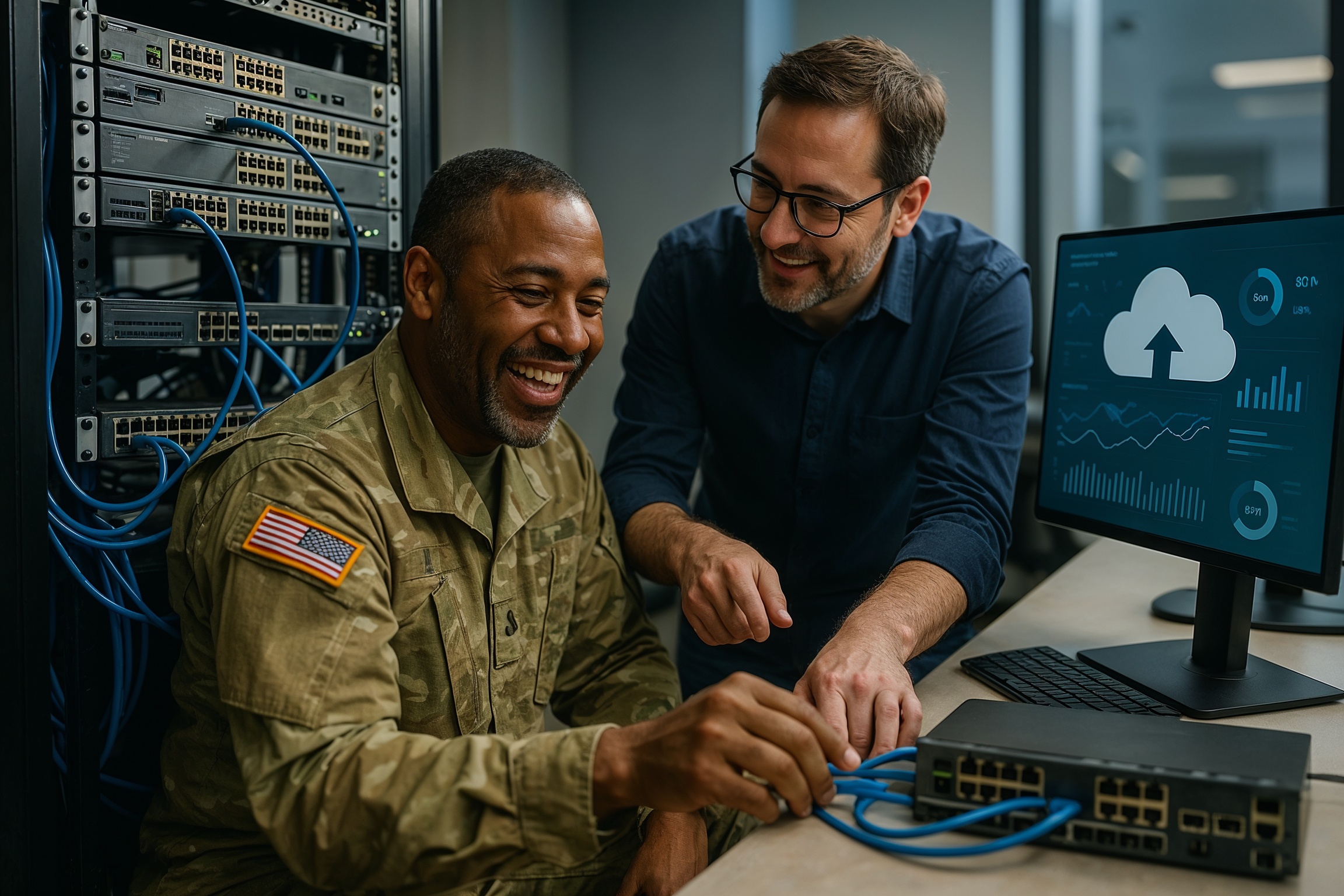 military veteran friendly IT training programs hands-on mentorship in modern IT lab with network equipment and cloud dashboards