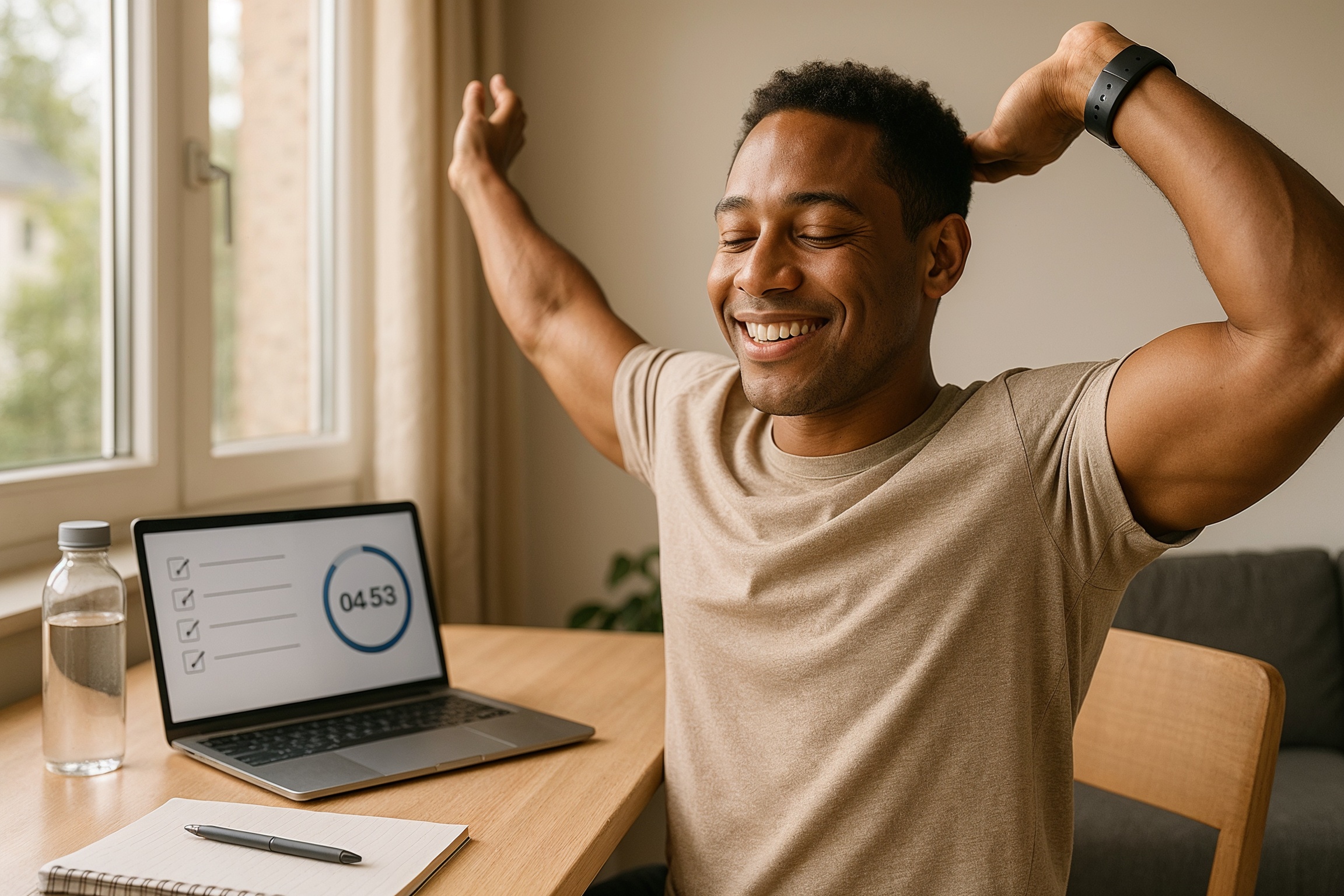 productivity tips for online IT students taking a pomodoro break and stretching near a bright window