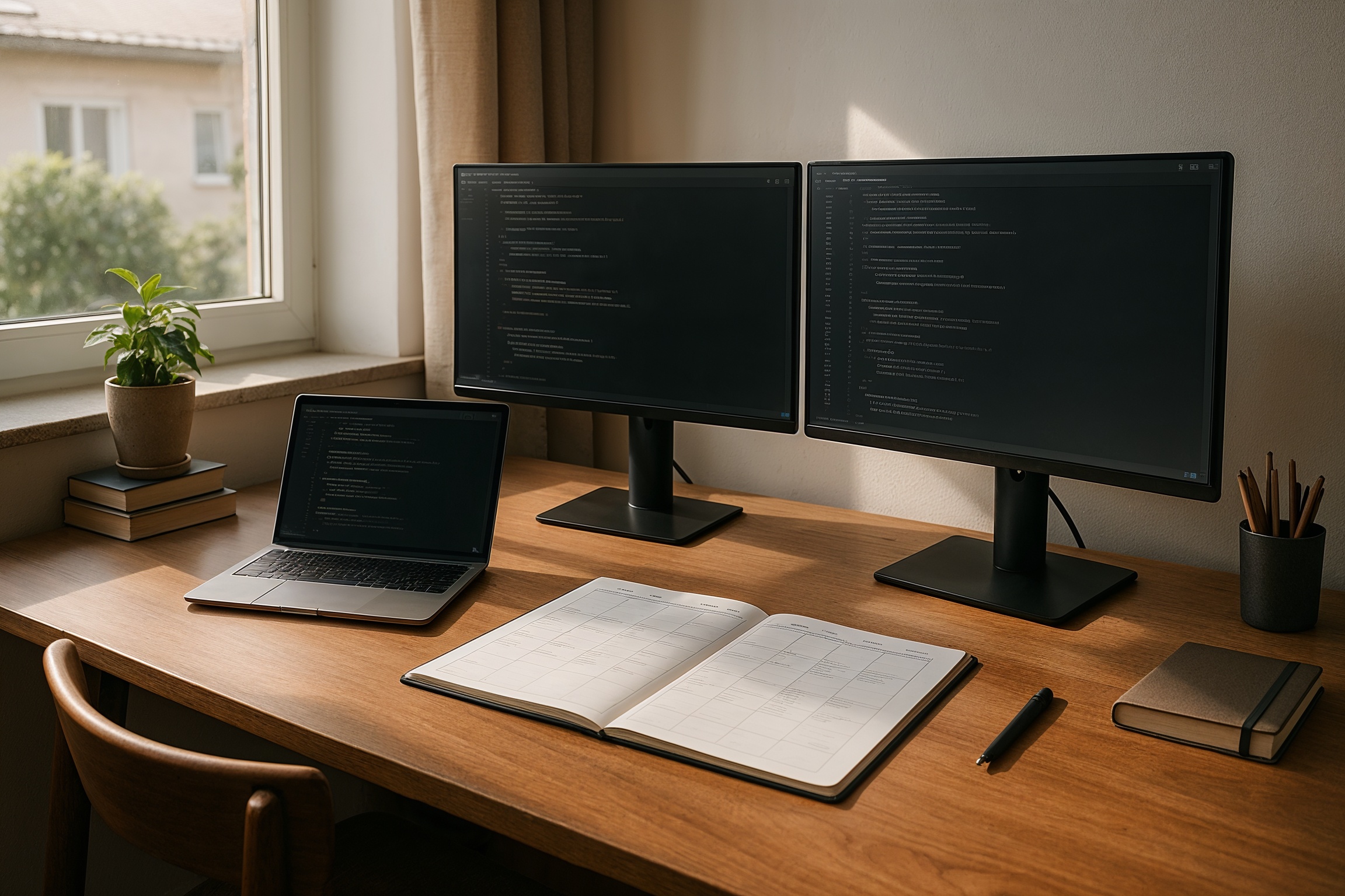 productivity tips for online IT students organized home study workspace with dual monitors and time-blocking planner