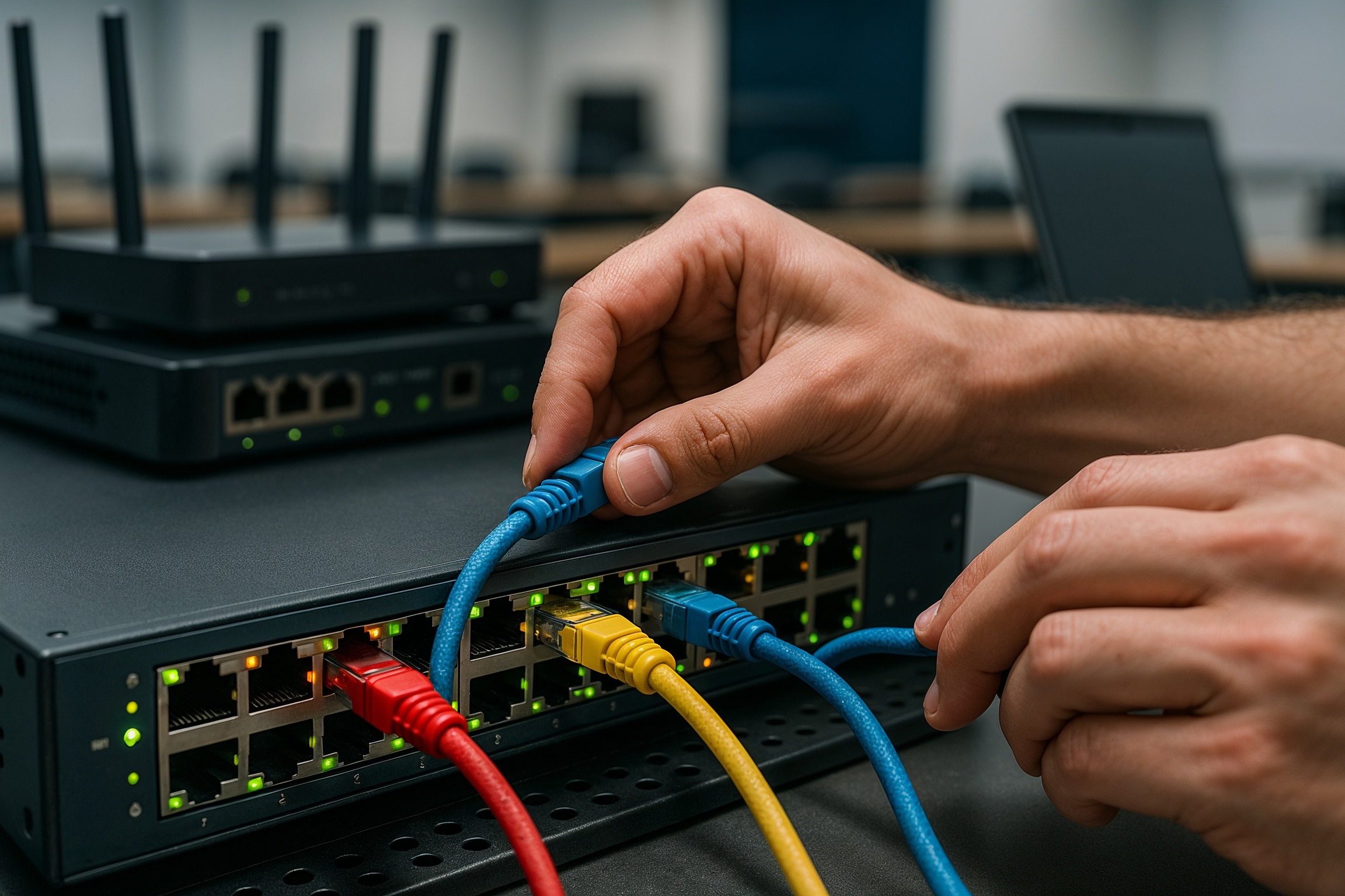 IT education trends online learning 2025: realistic networking lab with cables and equipment for hands-on skills