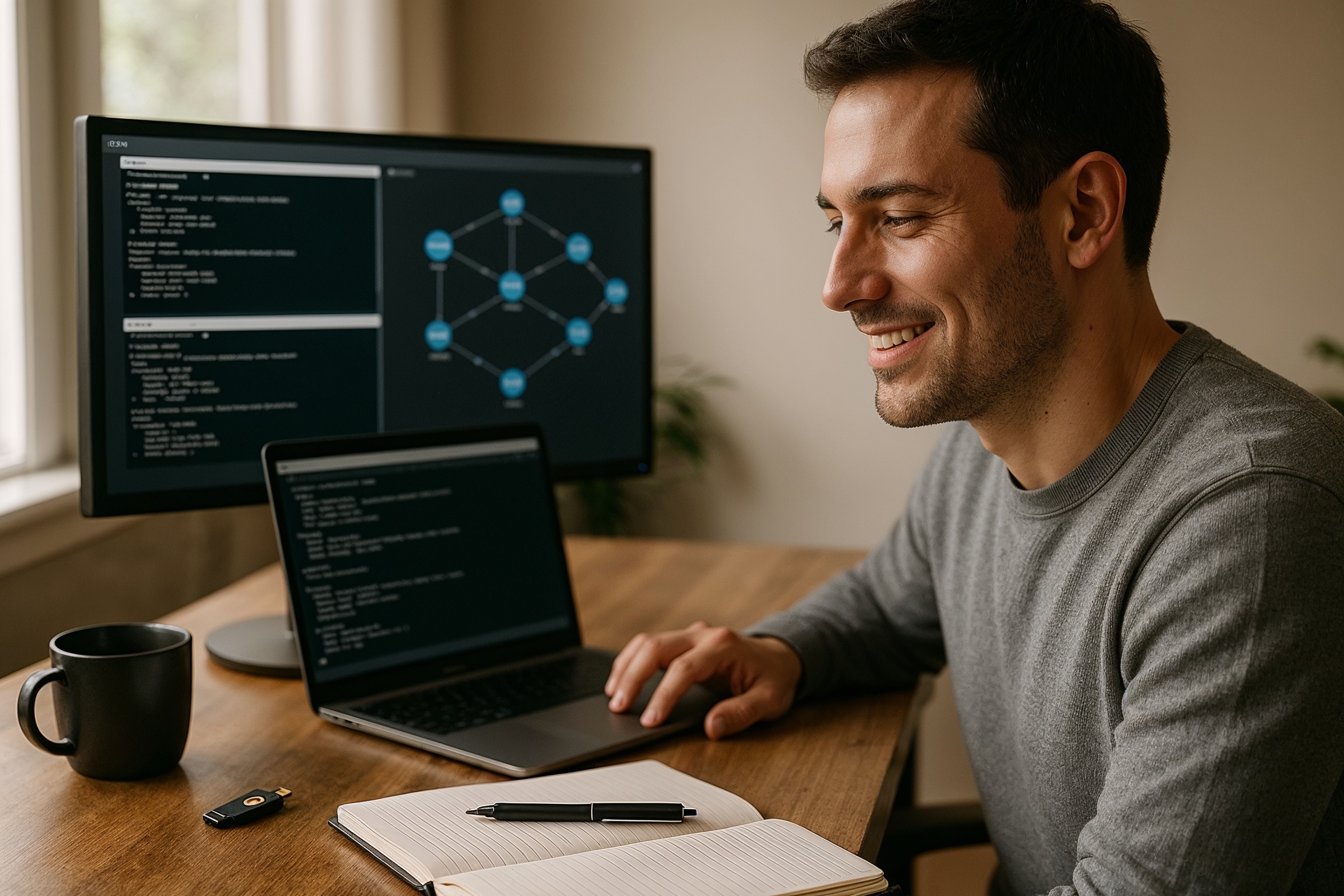 IT education trends online learning 2025: adult learner practicing cybersecurity in a virtual lab with AI guidance