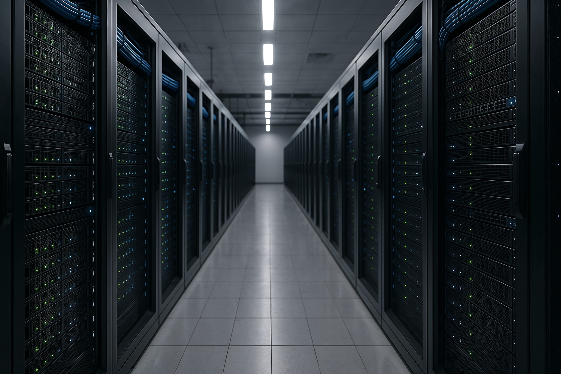 Demand for network engineers in USA illustrated by a modern American data center aisle with active network hardware and realistic lighting