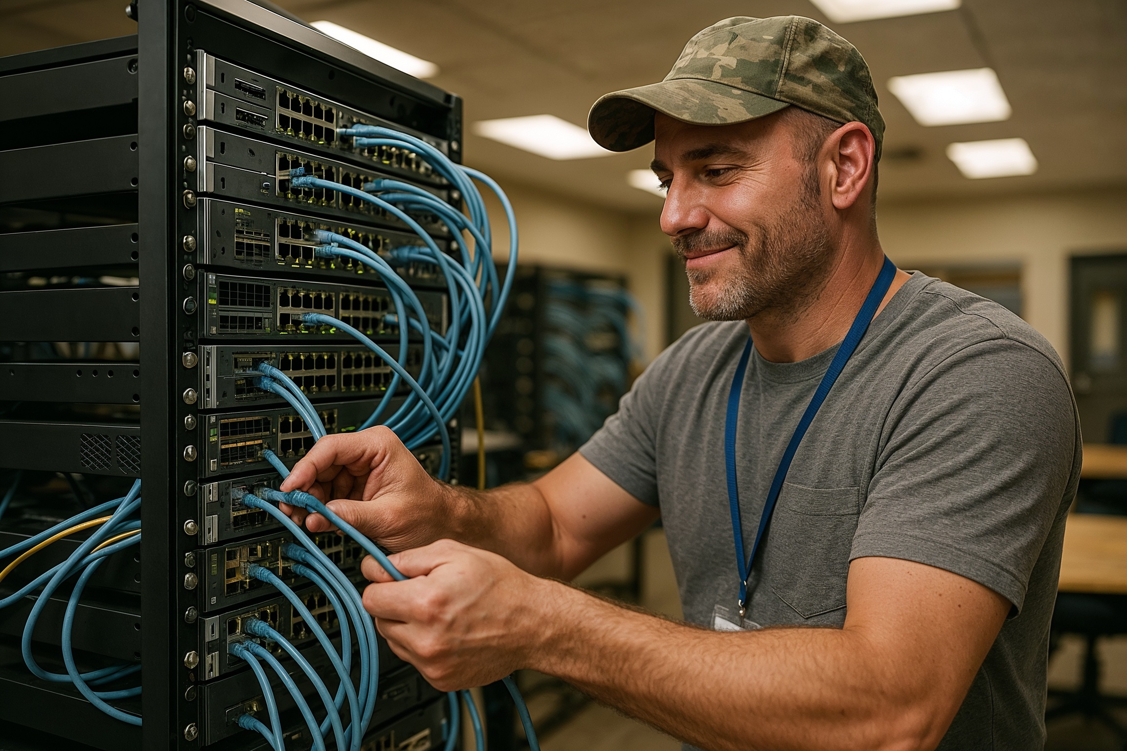 IT career change mid‑life success stories: military veteran configuring network equipment during hands-on training lab