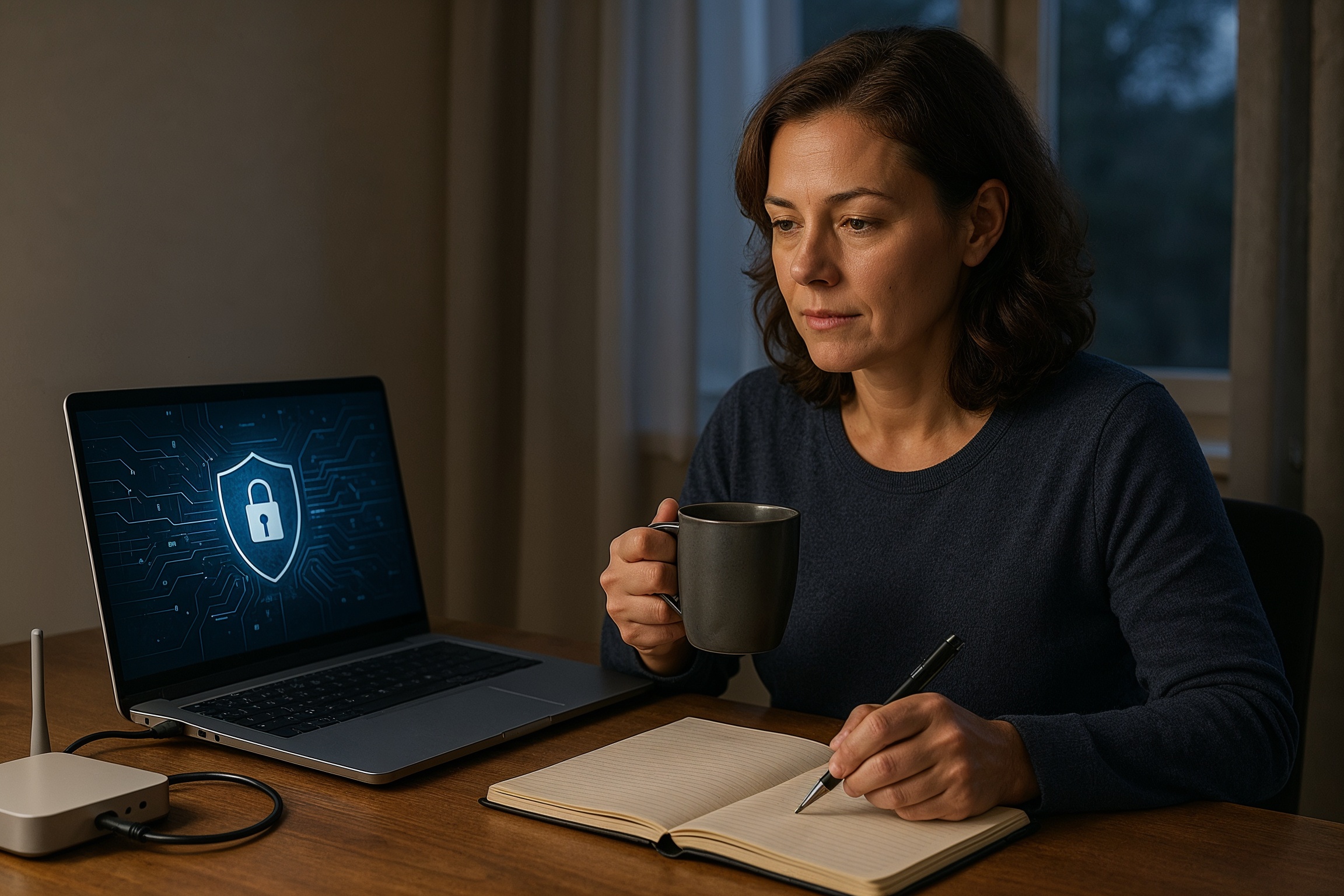 IT career change mid‑life success stories: woman in her 40s studying cybersecurity at a tidy home office with a laptop and notebook