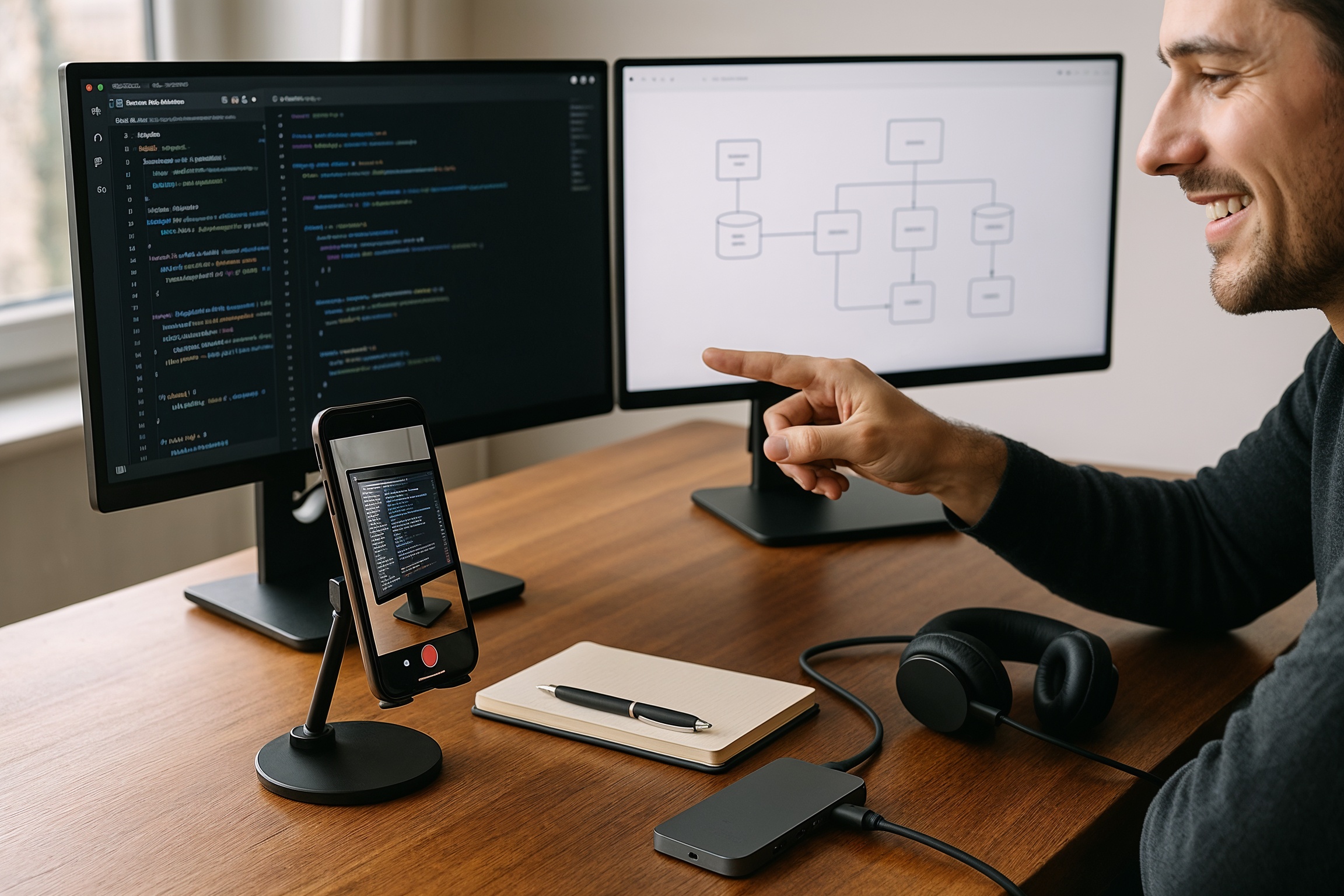 LinkedIn profile tips for IT job seekers — showcasing projects and portfolio on dual monitors in a modern workstation