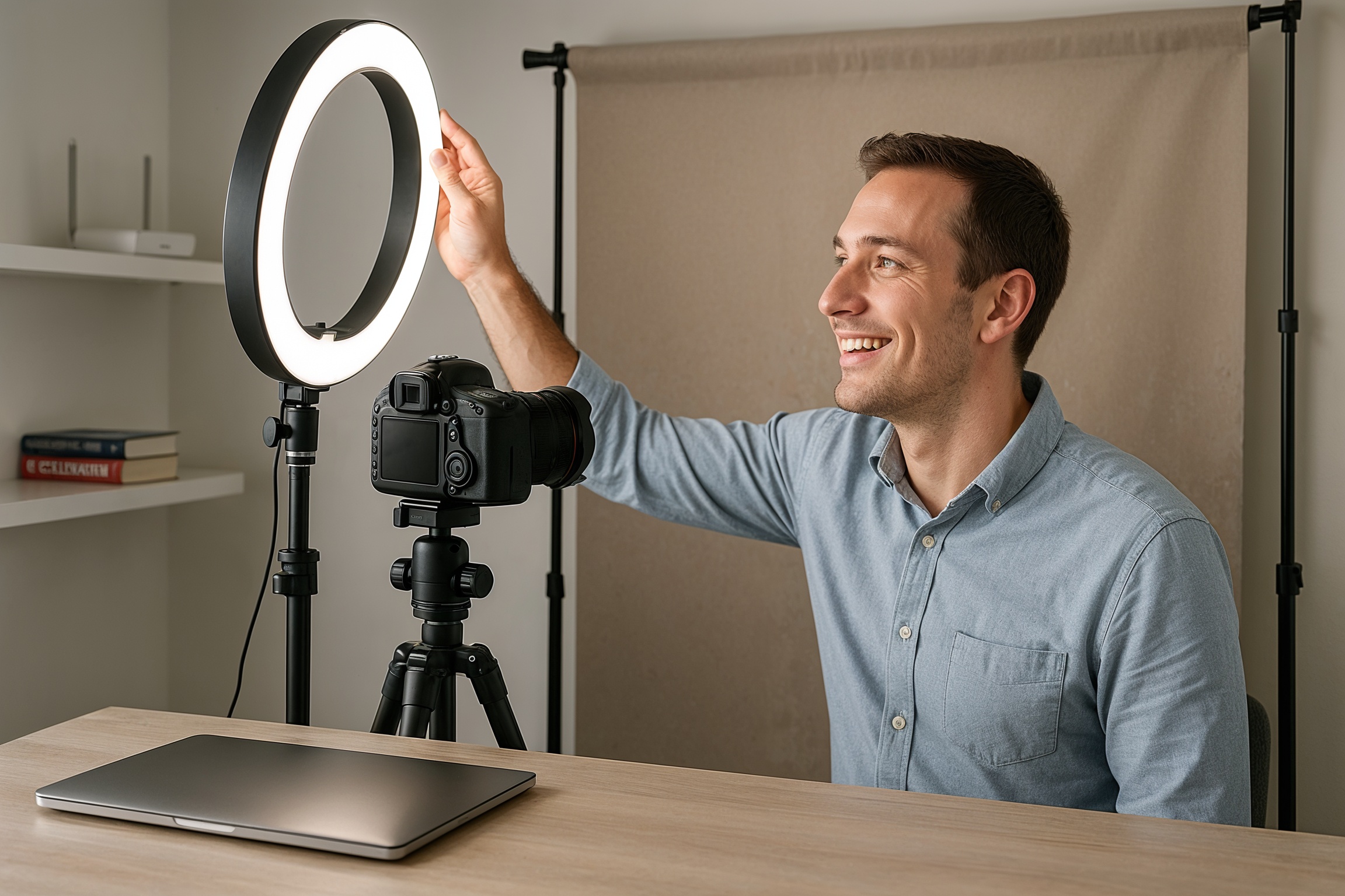 LinkedIn profile tips for IT job seekers — professional headshot setup with ring light and neutral background