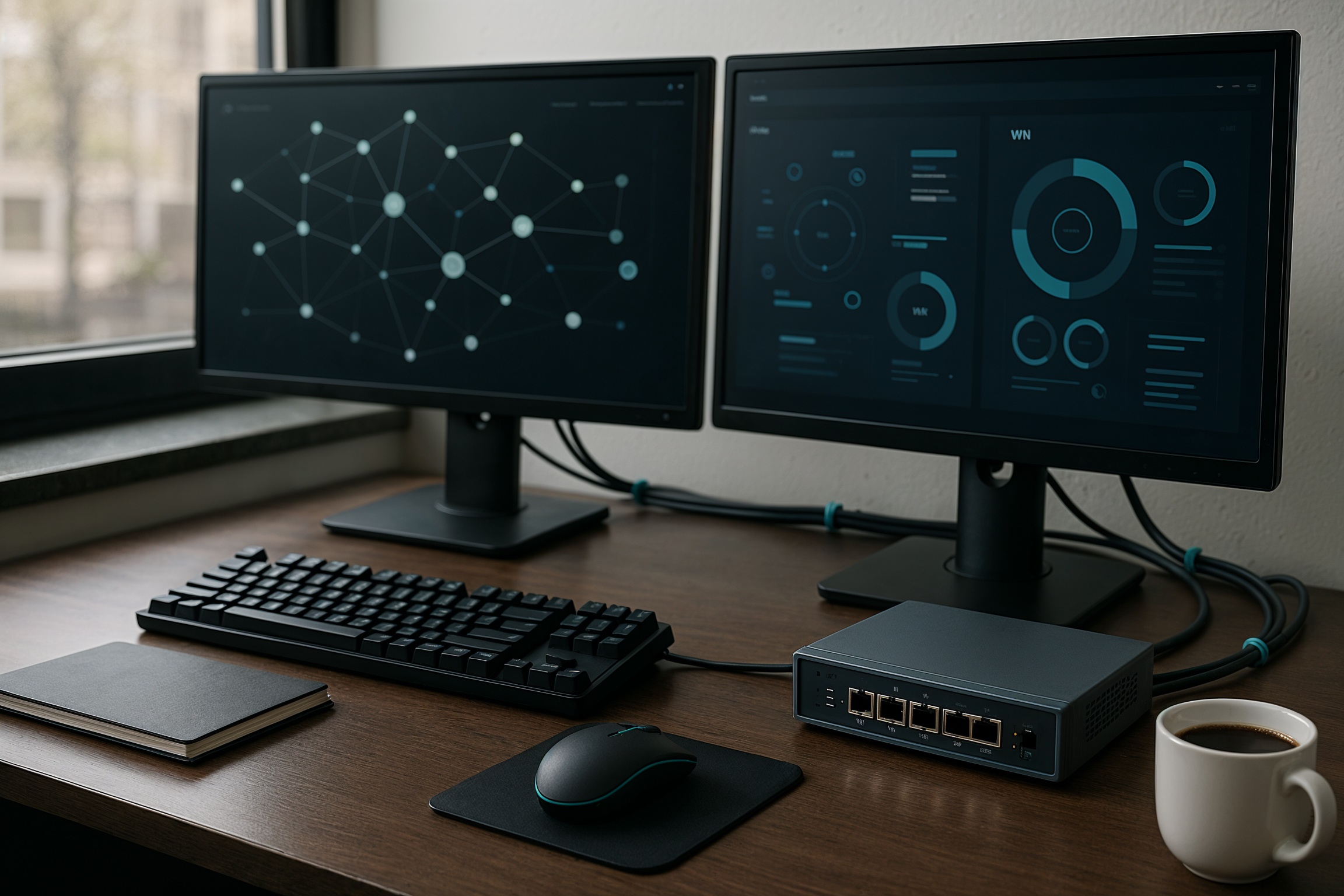 alumni network engineer remote work freedom – professional remote workstation with dual monitors, secure VPN dashboard, and subtle NGT-inspired accents