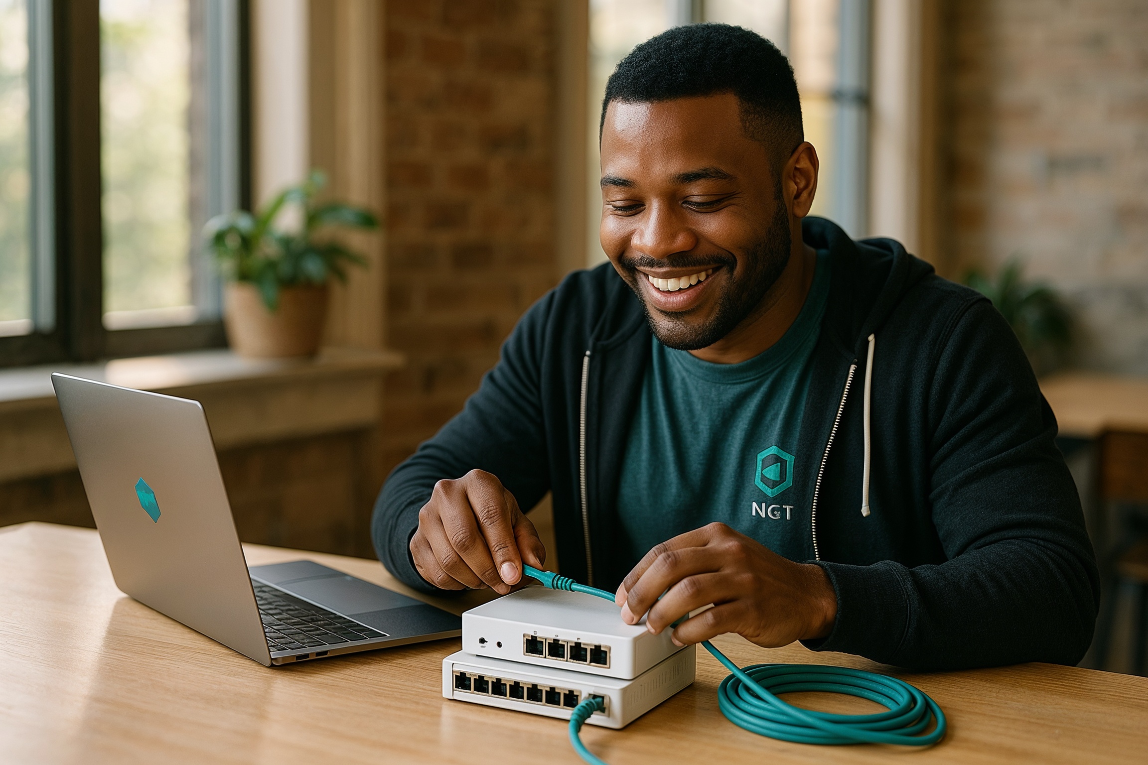 alumni network engineer remote work freedom – happy graduate configuring a compact home lab with router and switch in a bright coworking space