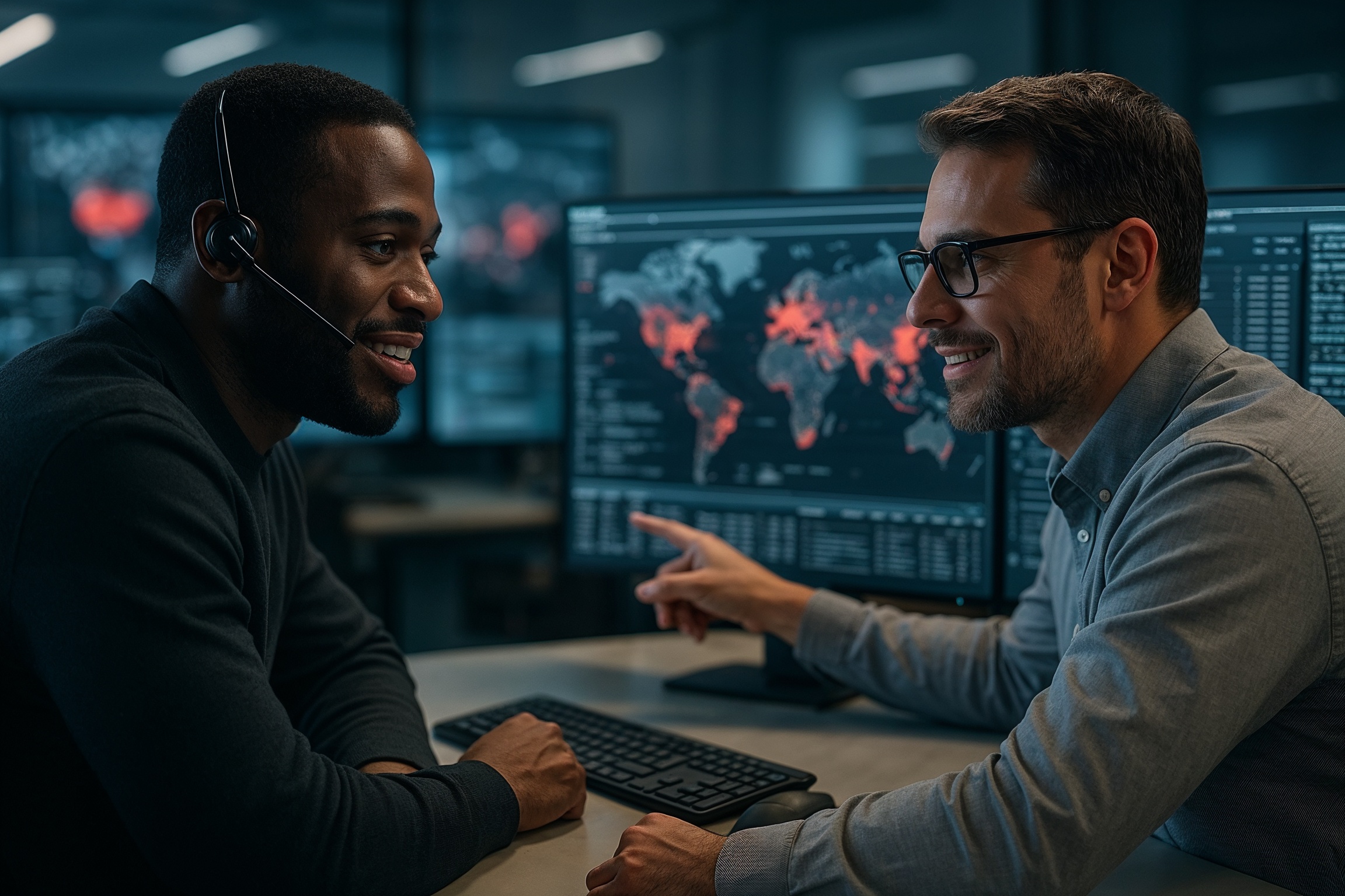 IT skills gap 2025 what you need to know – security operations center with two analysts reviewing live threat data