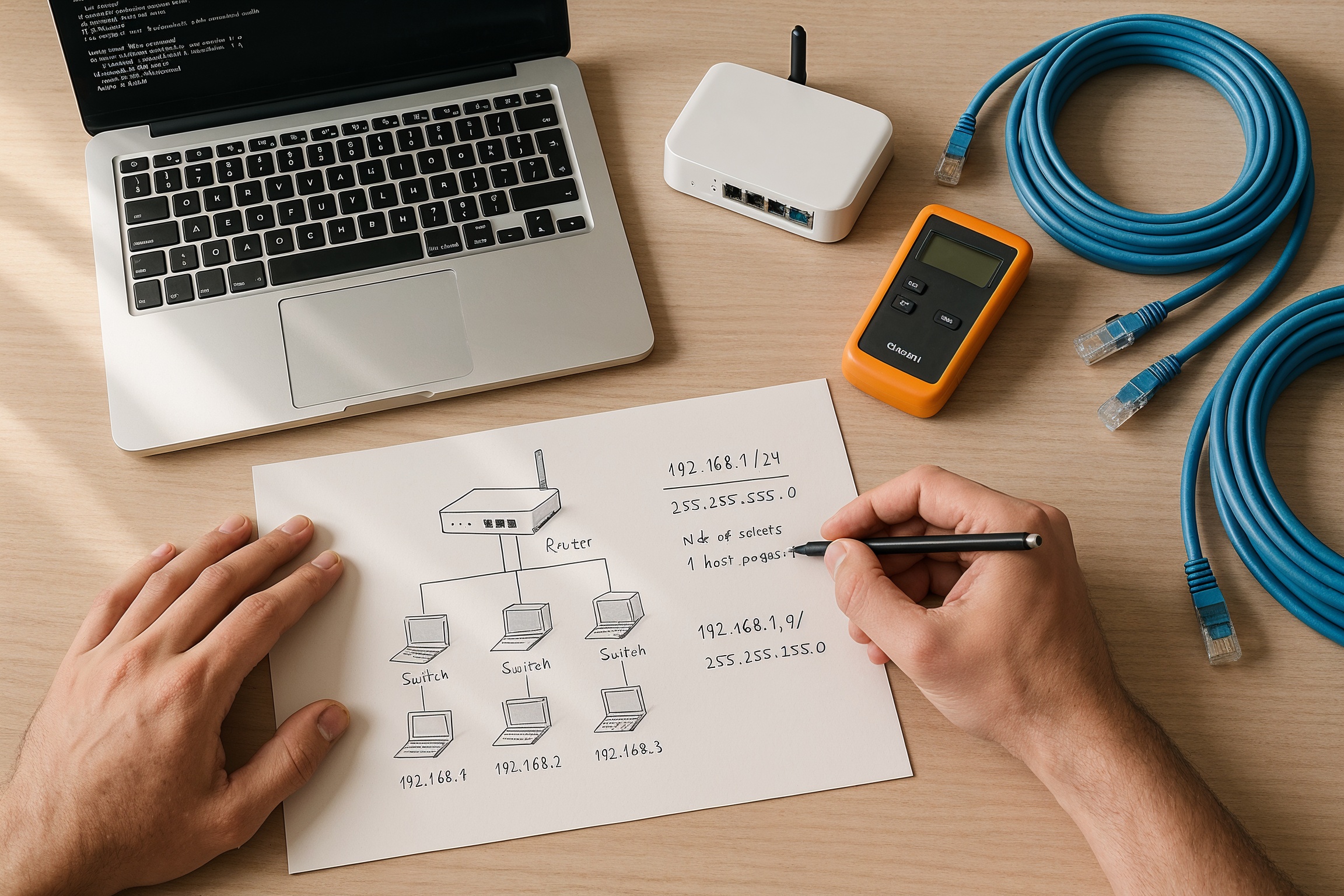 IT skills employers look for network engineer: hands-on subnetting and CLI troubleshooting setup with laptop, router, and ethernet cables on a desk