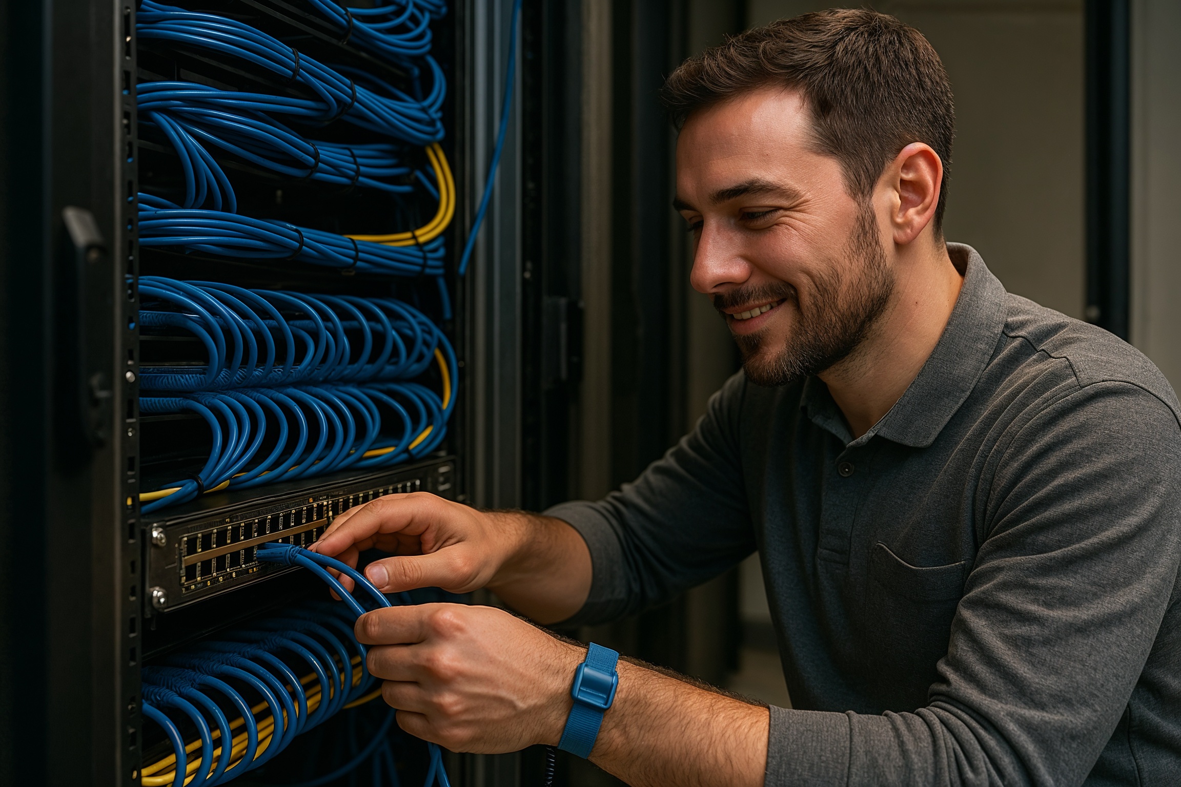 IT skills employers look for network engineer: professional configuring rack-mounted switches with clean cabling in a modern server room