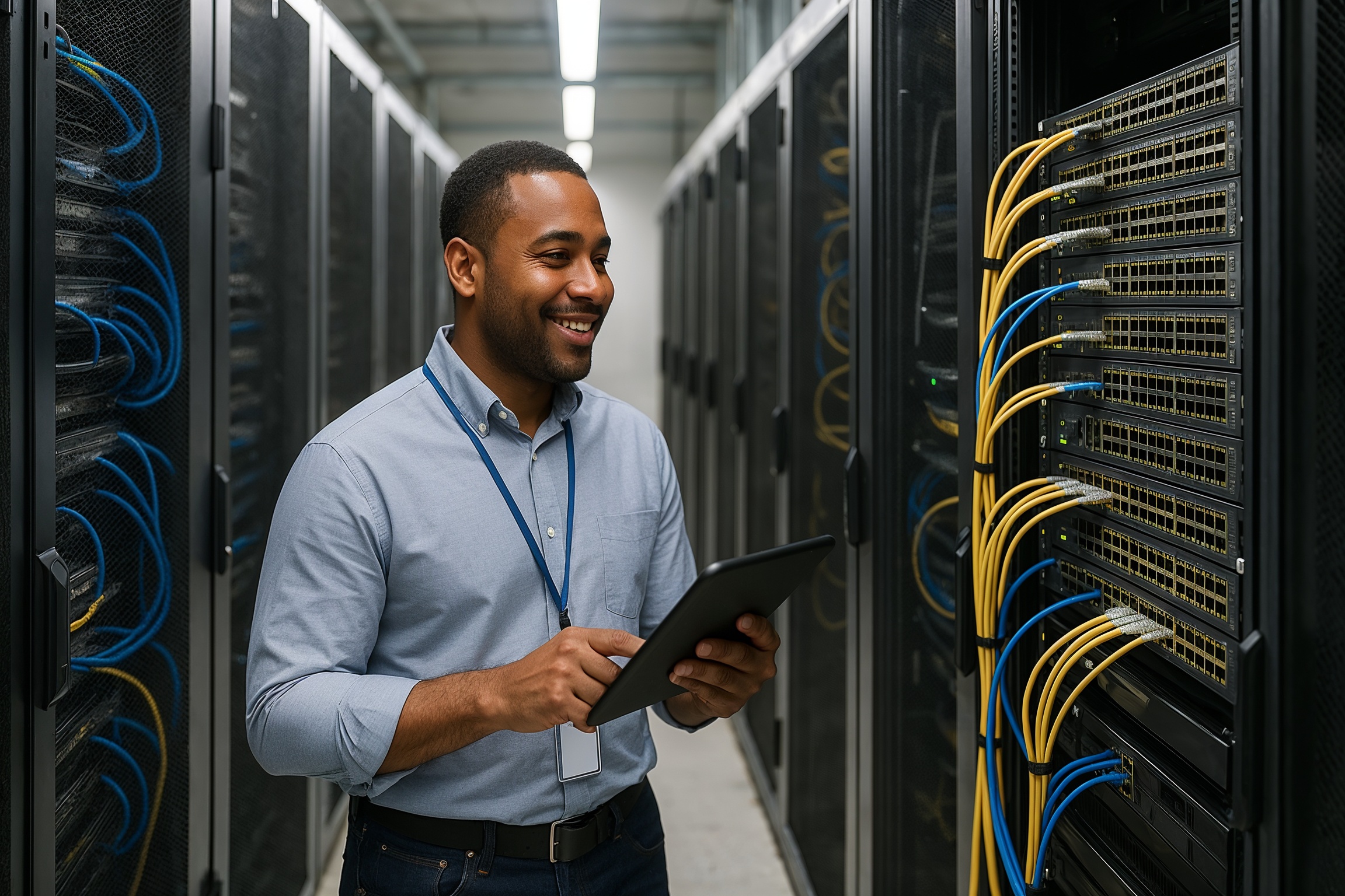 hottest IT careers 2025 cybersecurity networking – network engineer in data center with switches and cabling