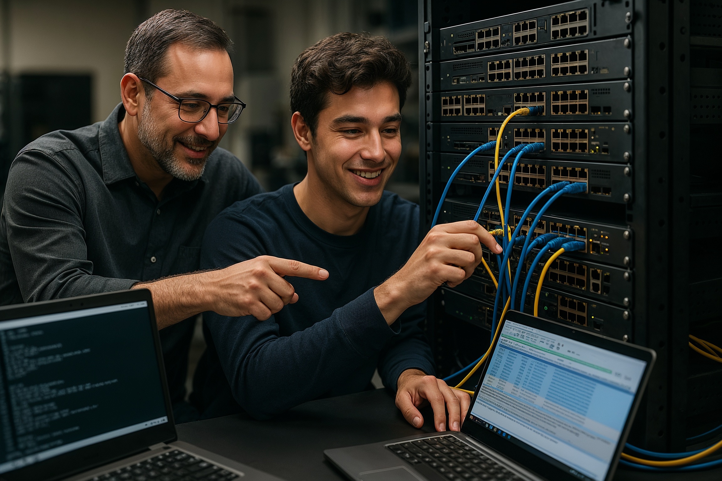 zero up‑front tuition for IT training explained — instructor mentoring student during hands-on networking lab with routers and switches