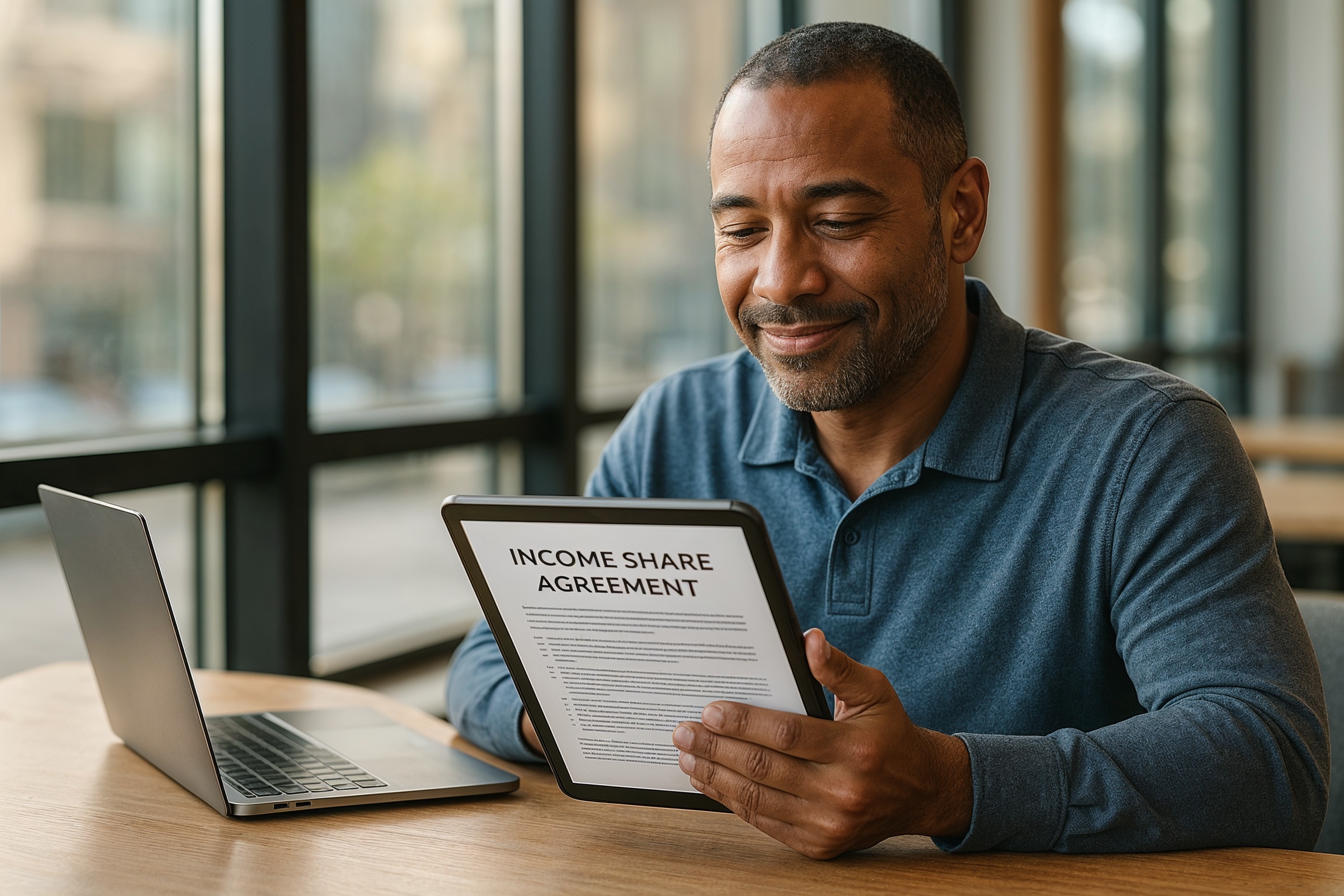 zero up‑front tuition for IT training explained — adult learner reviewing ISA terms on tablet in modern workspace