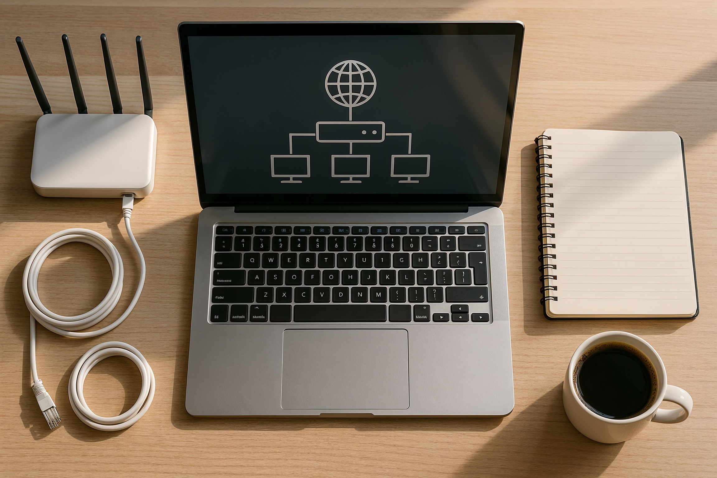 what IT recruiters look for in 2025: hands-on portfolio tools, network lab gear, and laptop on a modern desk