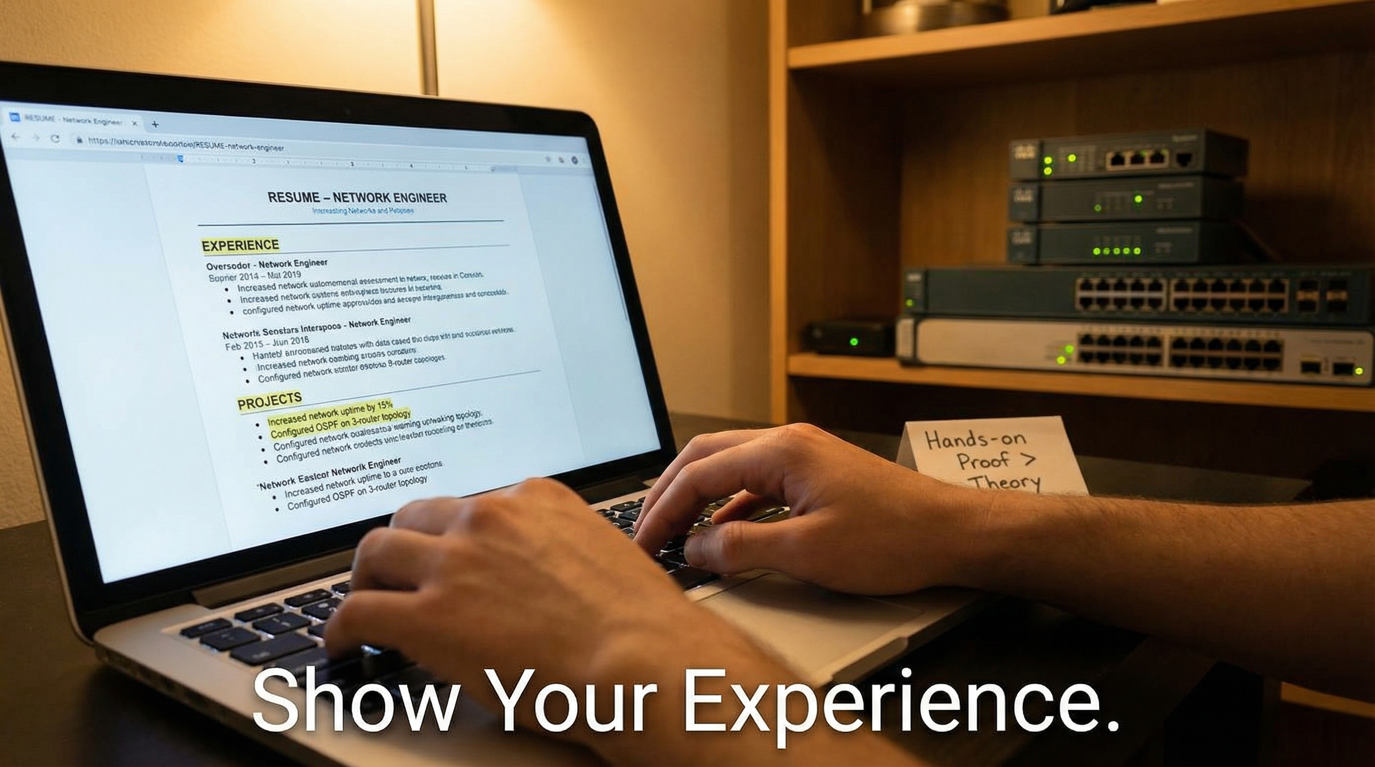 editing-resume-next-to-networking-home-lab-equipment