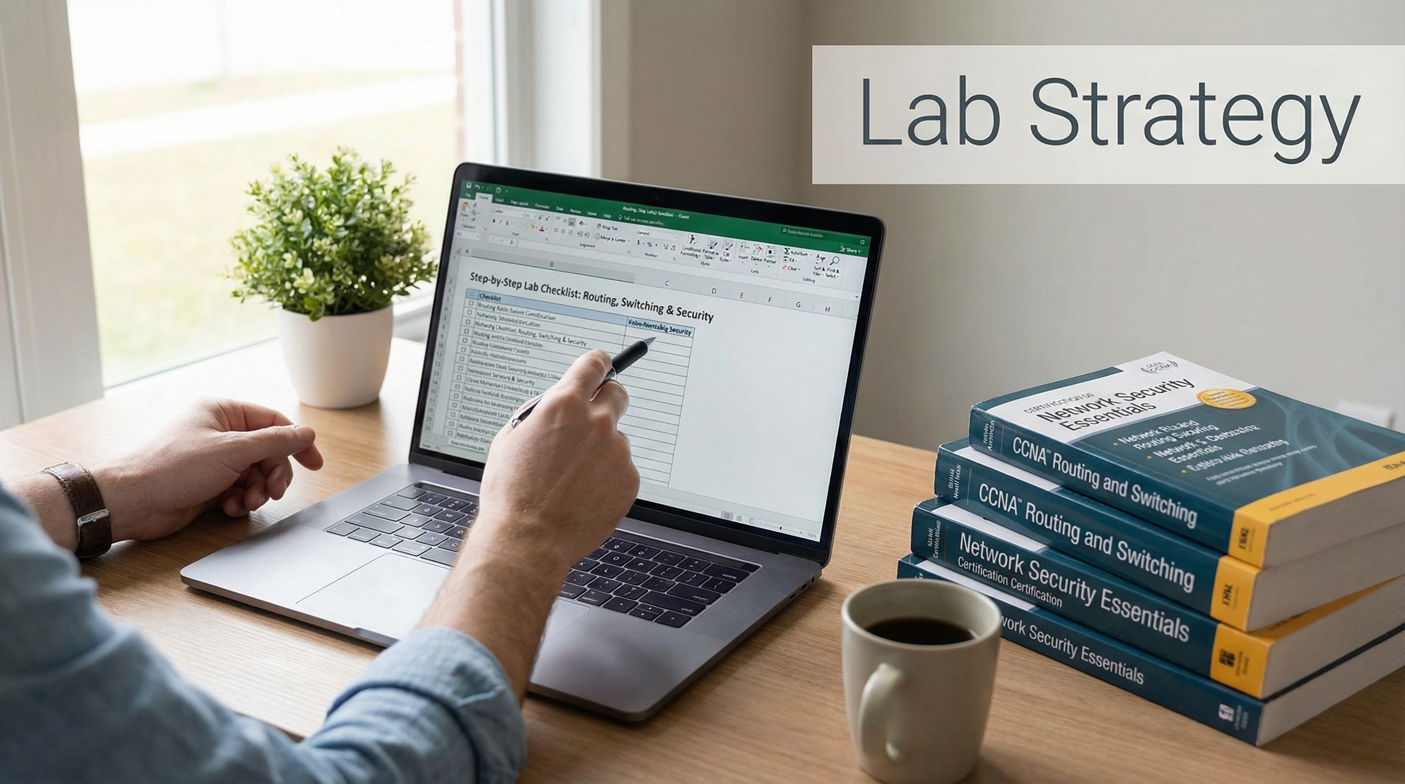 person-reviewing-networking-lab-checklist-on-laptop