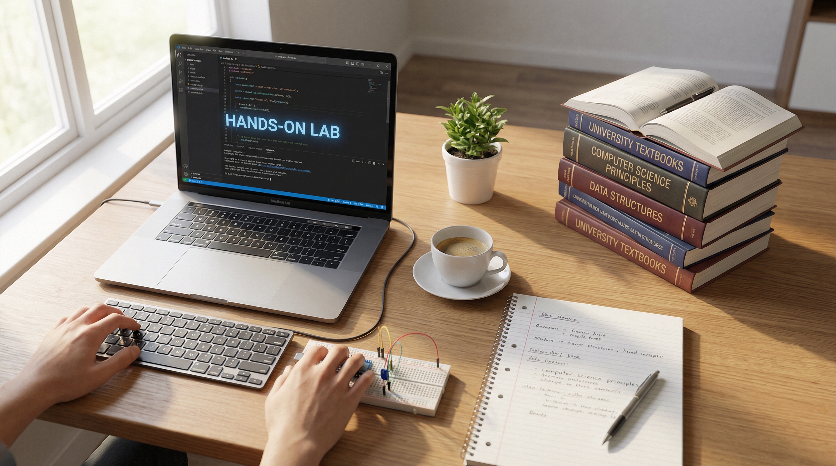 hands-on-lab-laptop-next-to-university-textbooks-on-clean-desk